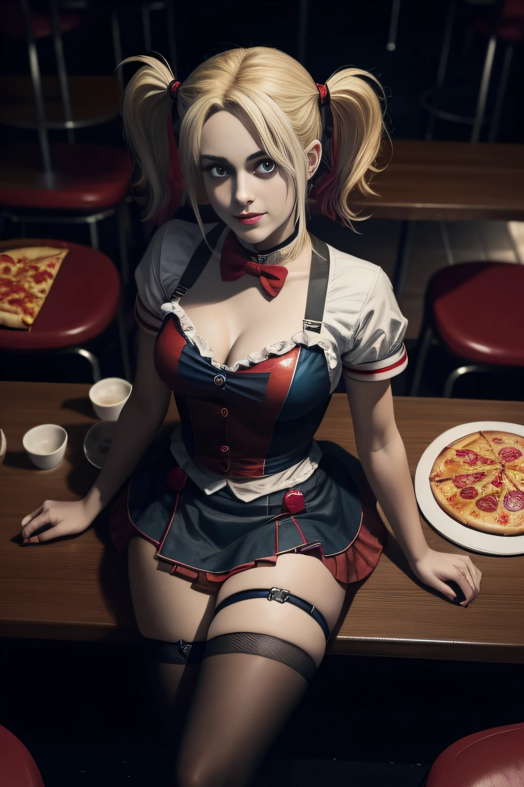 Harley Quinn from DC, masterpiece, hourglass figure, nipples, seductive posture, athletic, legs up, perfect pussy, c cup breasts, creampie, spread pussy, 8k resolution, HDR, classroom, 8k wallpaper