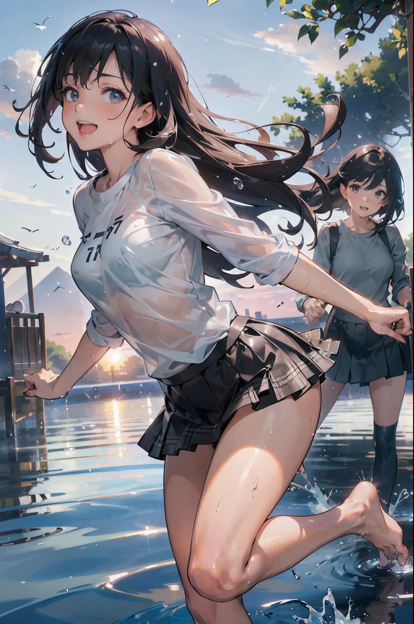 (Official art、Best Quality、Unity 8k Wallpapers、32K、​masterpiece、ultra-detailliert、超A high resolution、realisitic、Photorealsitic:1.2)、(natural soft light:1.2)、Fireglow effect、film grains、Best Shadows、Rim lighting、side lights、sideshot、(Ultra-detailed and complex 3D rendering)、Detailed beautiful face and eyes、Sharp pupils、Realistic pupils、Full body, sand beach、beauitful face、blurry backround、18 year old beautiful girl、shinny skin、Wet beautiful black hair、Pulled up wet shirt、Wet Check Mini Skirt、(thighs thighs thighs thighs:0.9)、Barefoot、Curve、Dynamic Poses、Smile with open mouth、Two girls、
