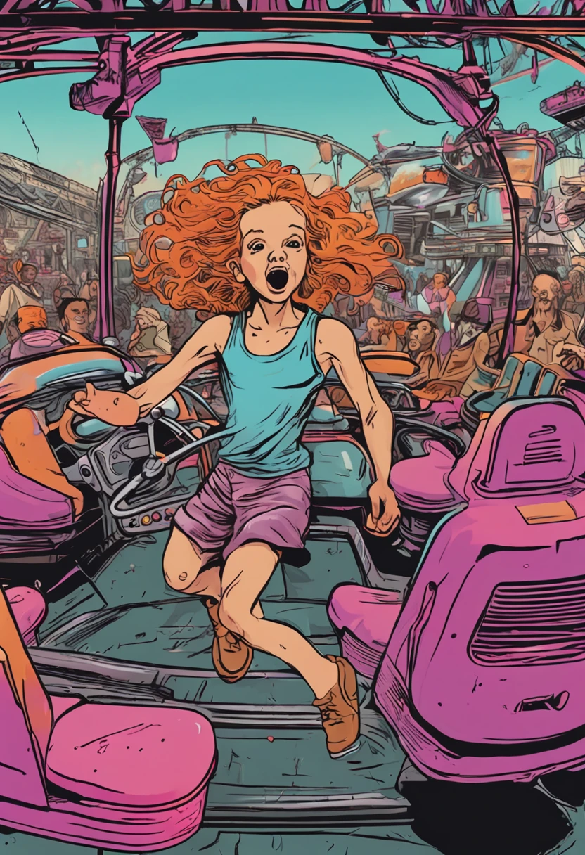 Describe the figure of a child with half the human body and half mutant, jumping for joy in an old bumper car at a deserted amusement park after the apocalypse. How she adapts to her mutant traits while having fun and interacting with other hybrid beings?