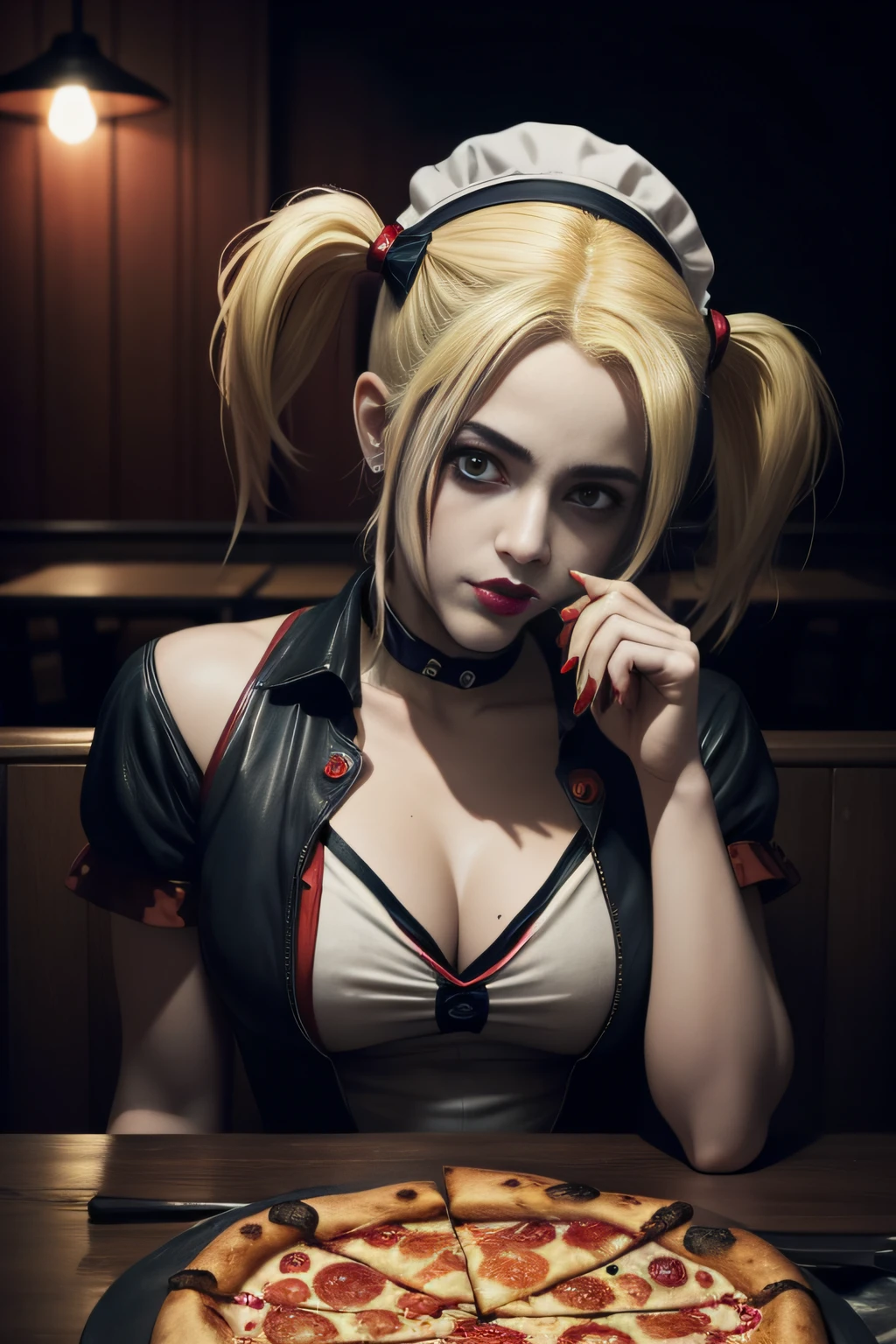 anime, beauty harley quinn wearing chef's hat and outfit, looking at camera,sitting at a table eating pizza,surrounding restaurant , full body, top view angle, perfect hands and fingers, highly detailed painting, rich colors, high contrast, dark atmosphere , dark background