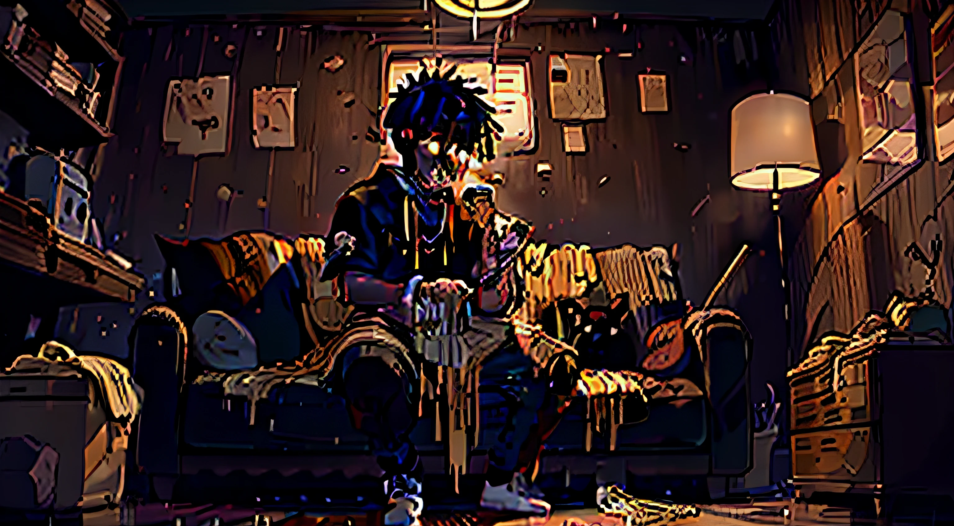 Black boy sitting on a couch, Eating ramen, Dark environment only with the lighting of a television