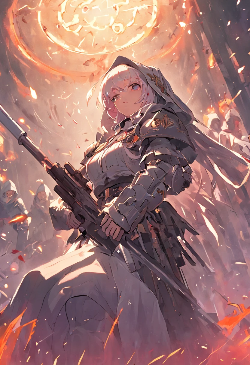 The battle nun of Warhammer 40000 is in battle with a weapon,illustration,Cover of a --auto