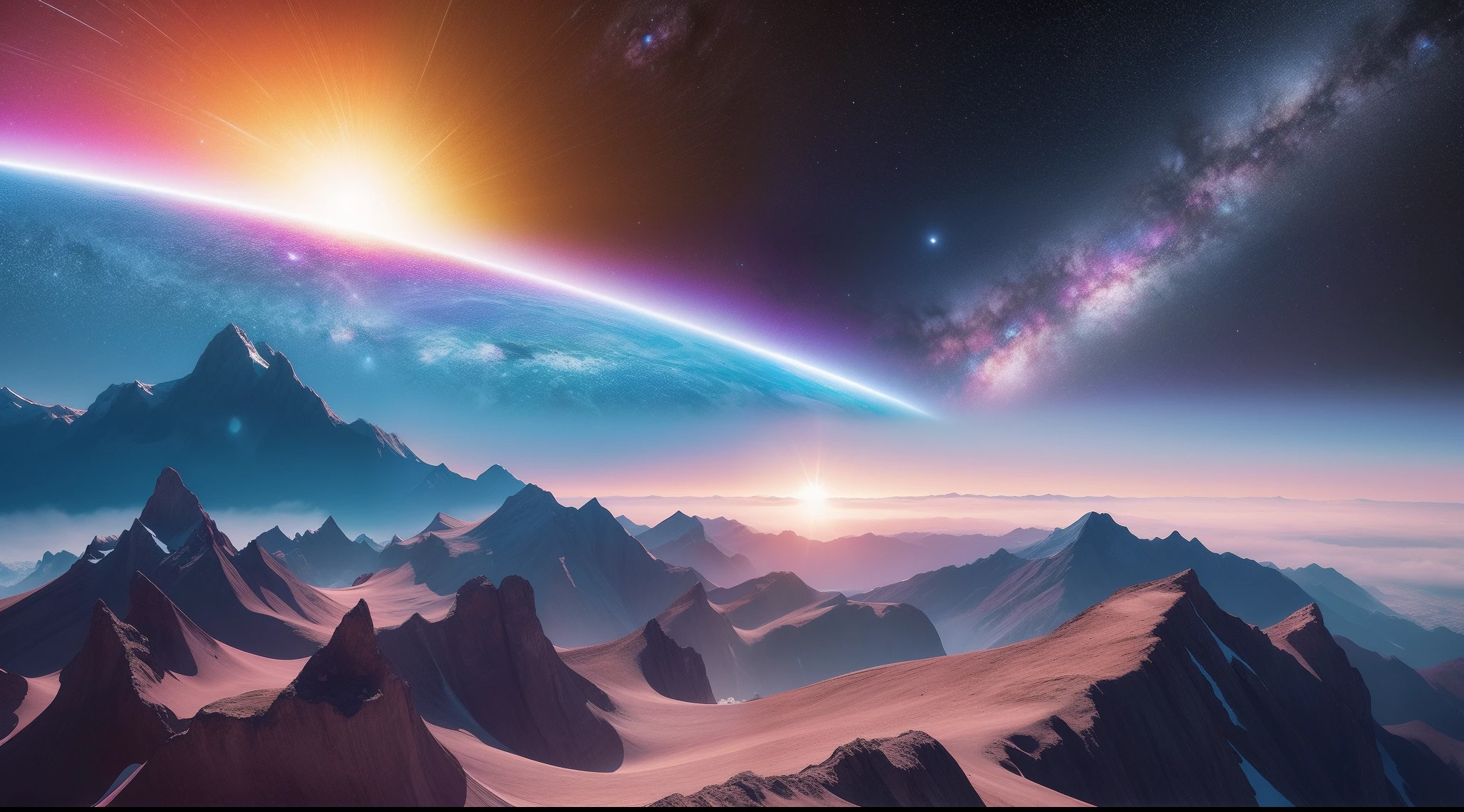 A colorful view on the galaxy with the sun, in the style of surrealistic juxtapositions, intricate landscapes, gravity-defying landscapes