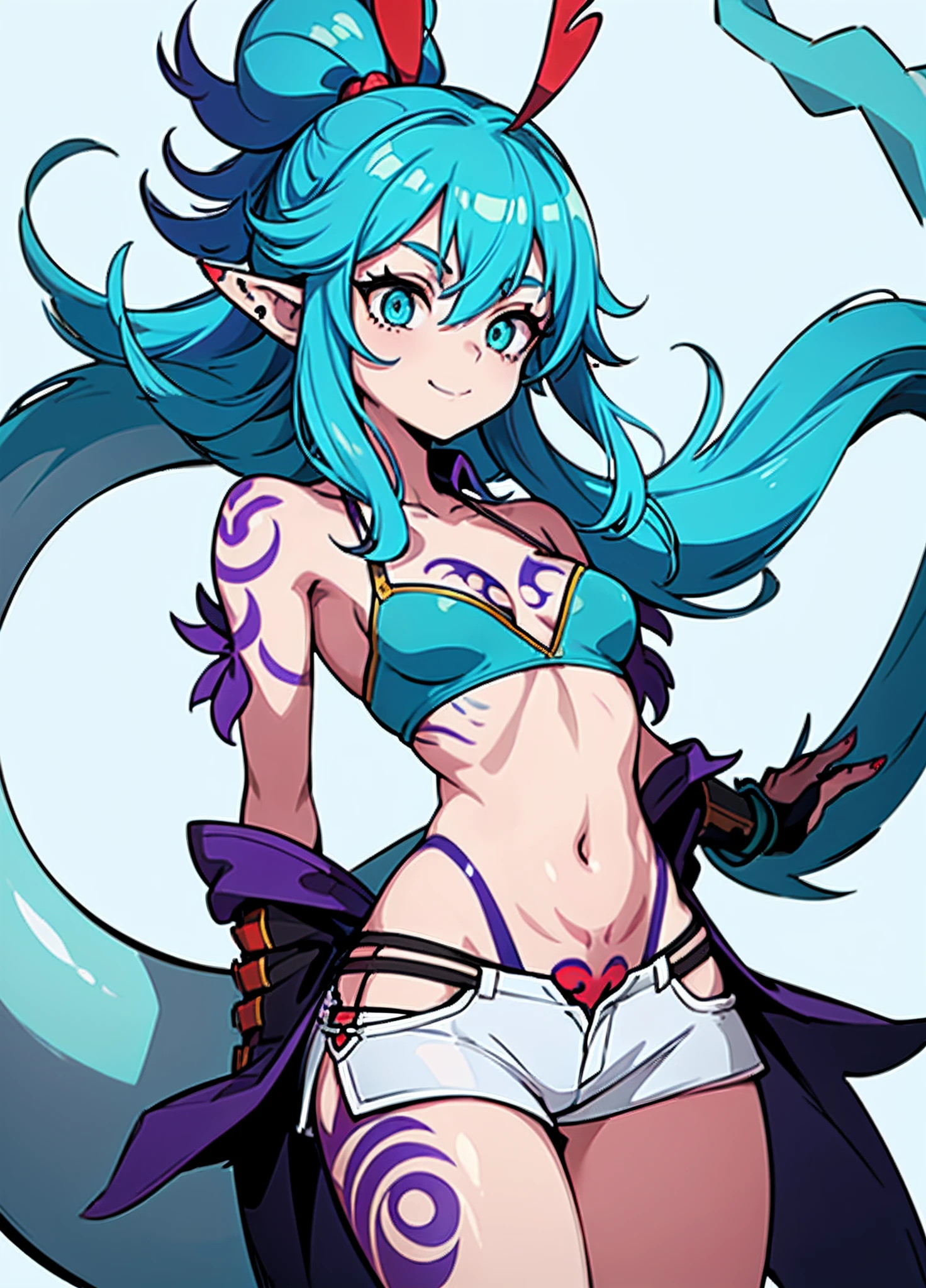 1girl, solo, cyan hair, light blue hair, very long hair, hair antennae, green eyes, small breasts, crop top, white top, navel, white shorts, (lizard tail, calango tail:1.25), pointy ears, (red tattoos, purple tattoos, tattoos all over her body:1.23), standing, smiling, closed mouth, arms behind back, close-up, portrait, zoom in, transparent background, white background, ((masterpiece, best quality, clear, limited palette))