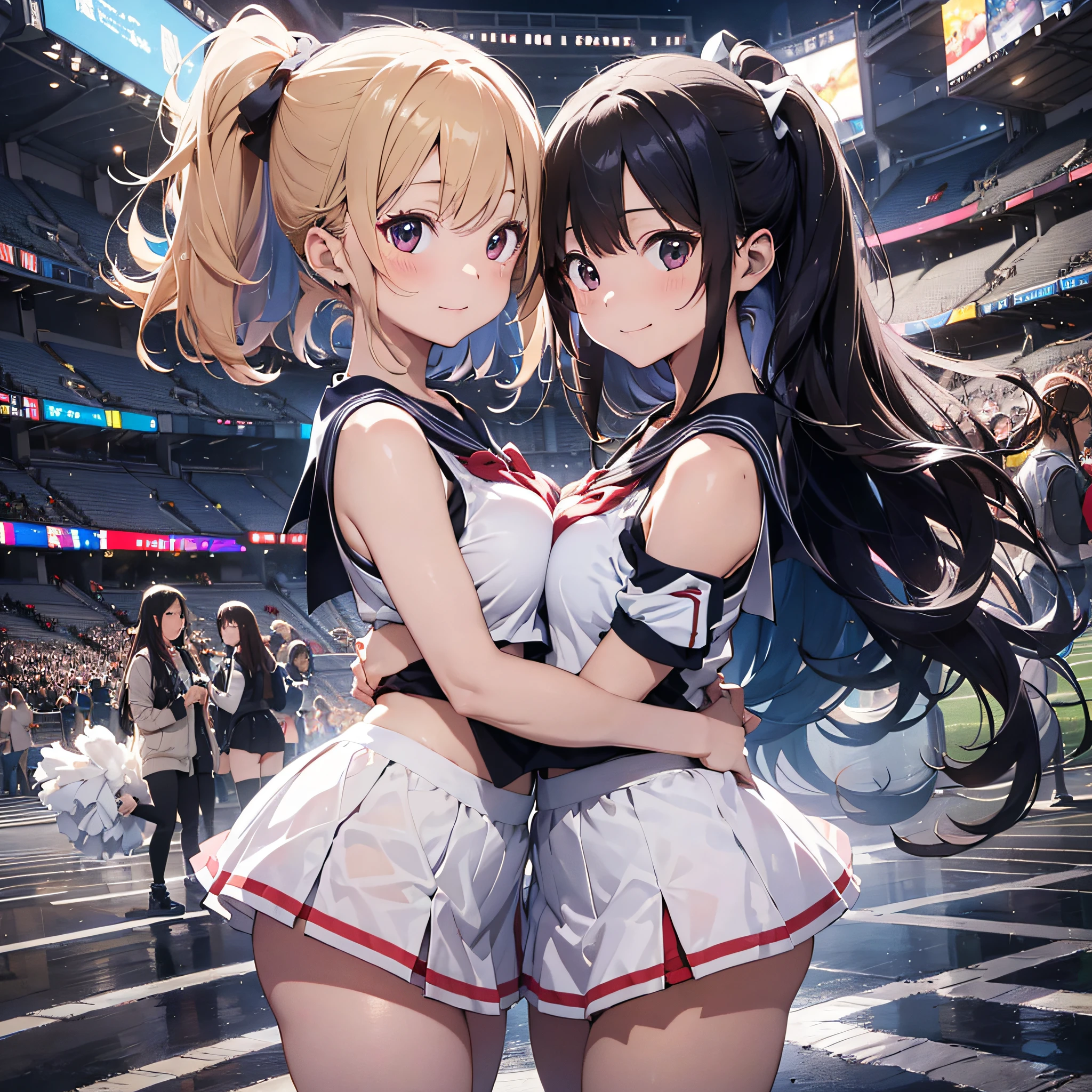 (2People Cheerleader:1.3)、(stadio:1.5)、(tiny chest:1.4)、(large full breasts:1.4)Raw photography, top-quality, hight resolution, (masterpiece), (Photorealsitic:1.4), Anime Cosplay, foco nítido, nffsw, 8K分辨率, intricate detailes, depth of fields, the Extremely Detailed CG Unity 8K Wallpapers, front lit, girl with,Look at each other and smile fiercely、(A slender:1.5)、see -through、Cheerleading pom-poms in hand、Wearing a sailor-style sleeveless shirt and miniskirt、Two people hugging each other