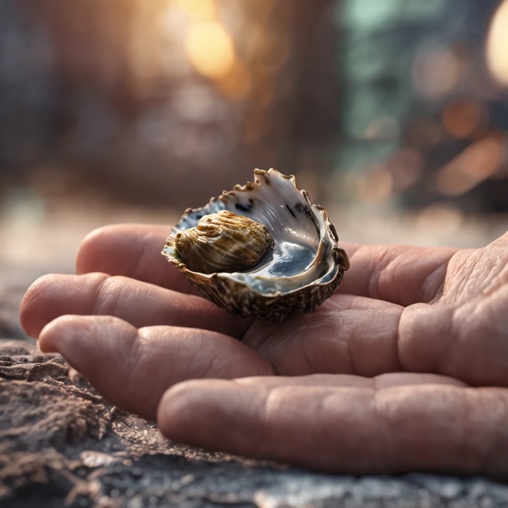 a hand holding an oyster, photorealistic render，The is very detailed，tmasterpiece，Miniatura