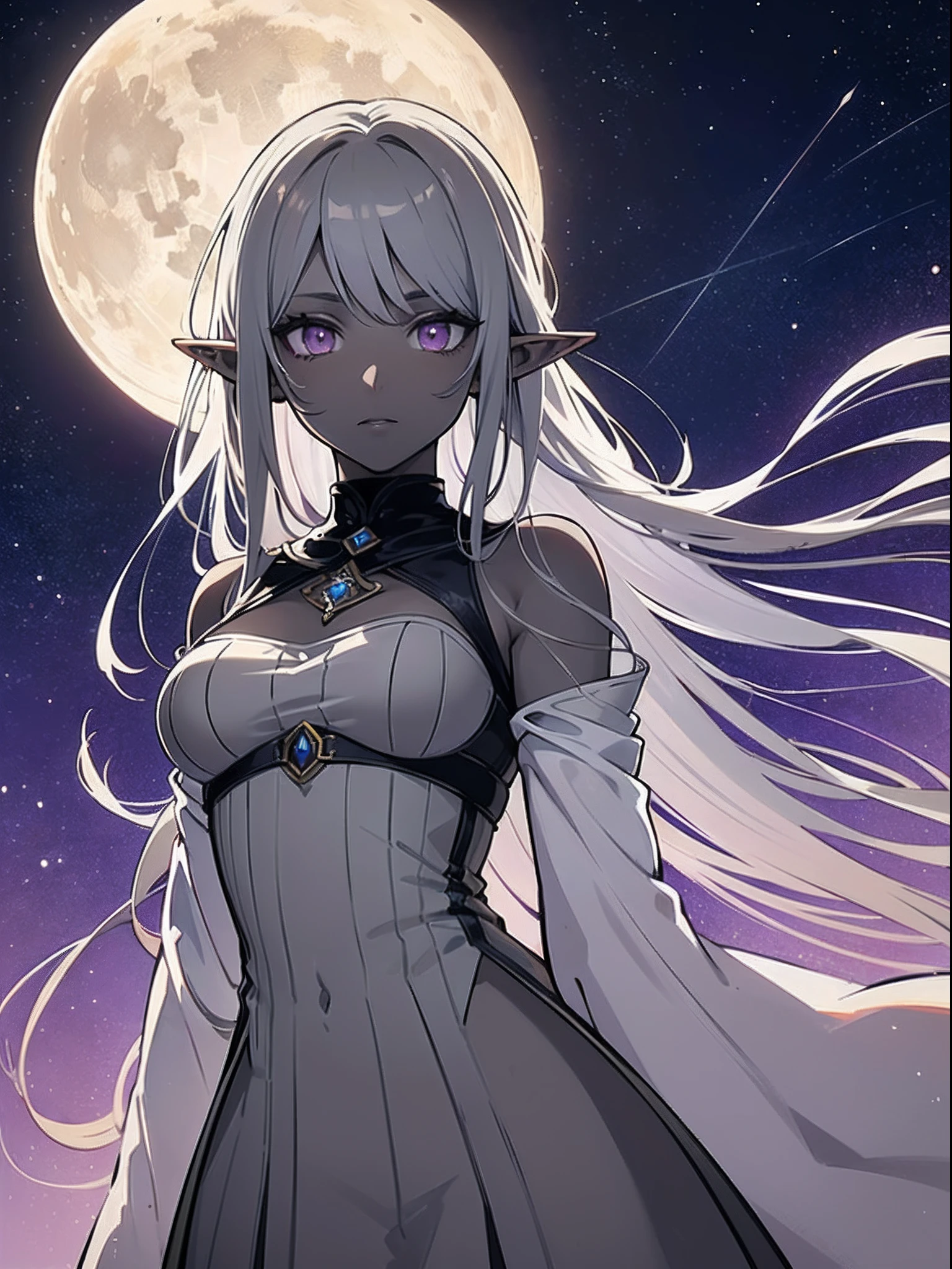 (medium portrait:1.2), (fantasy art:1.5), female, solo, (elf:1.3), (dark-gray skin:1.4), (long messy gray hair:1.5), (purple eyes:1.3), tall, medium breasts, gentle look on her face, ((plain:1.3) white dress:1.4), standing, night sky in the background, (best illumination:1.1)