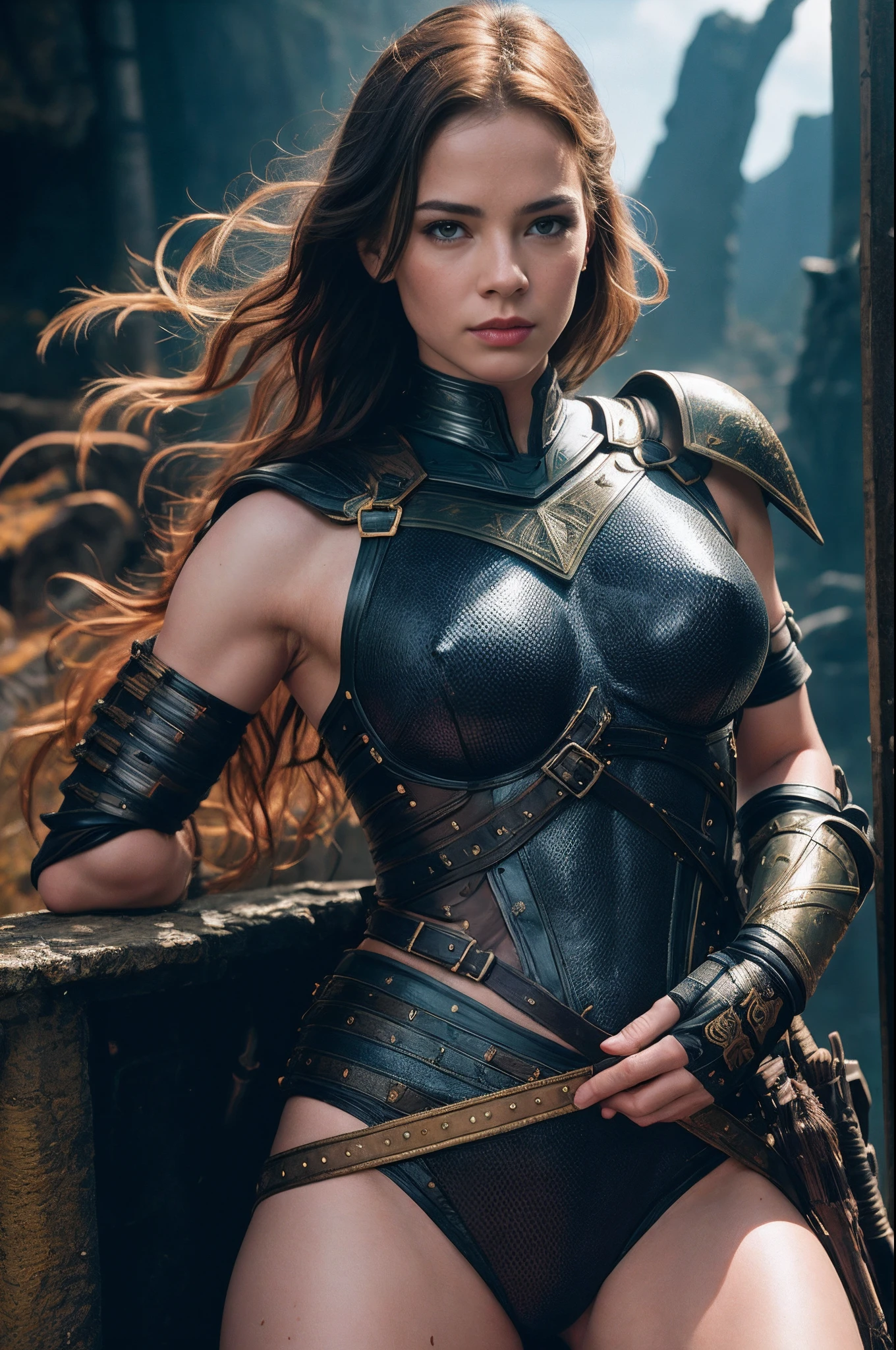 Masterpiece, a beautiful female warrior, (Alyssa Sutherland:Janeane Garofalo:0.5), high detail rogue armor, (small breasts), strong muscular body, short filthy hair, undercut, legs, (high fantasy battlefield environment), HD, (skin texture:1.1), best quality, ultra high res, (photorealistic: 1.4), Raw photo, by Ellen von Unwerth, Nikon D850 Film Stock Photography, F1.6 Lens, Rich Colors, Realistic, Cinestill 800, backlight, rimlighting, studiolighting, sunlight, close-up