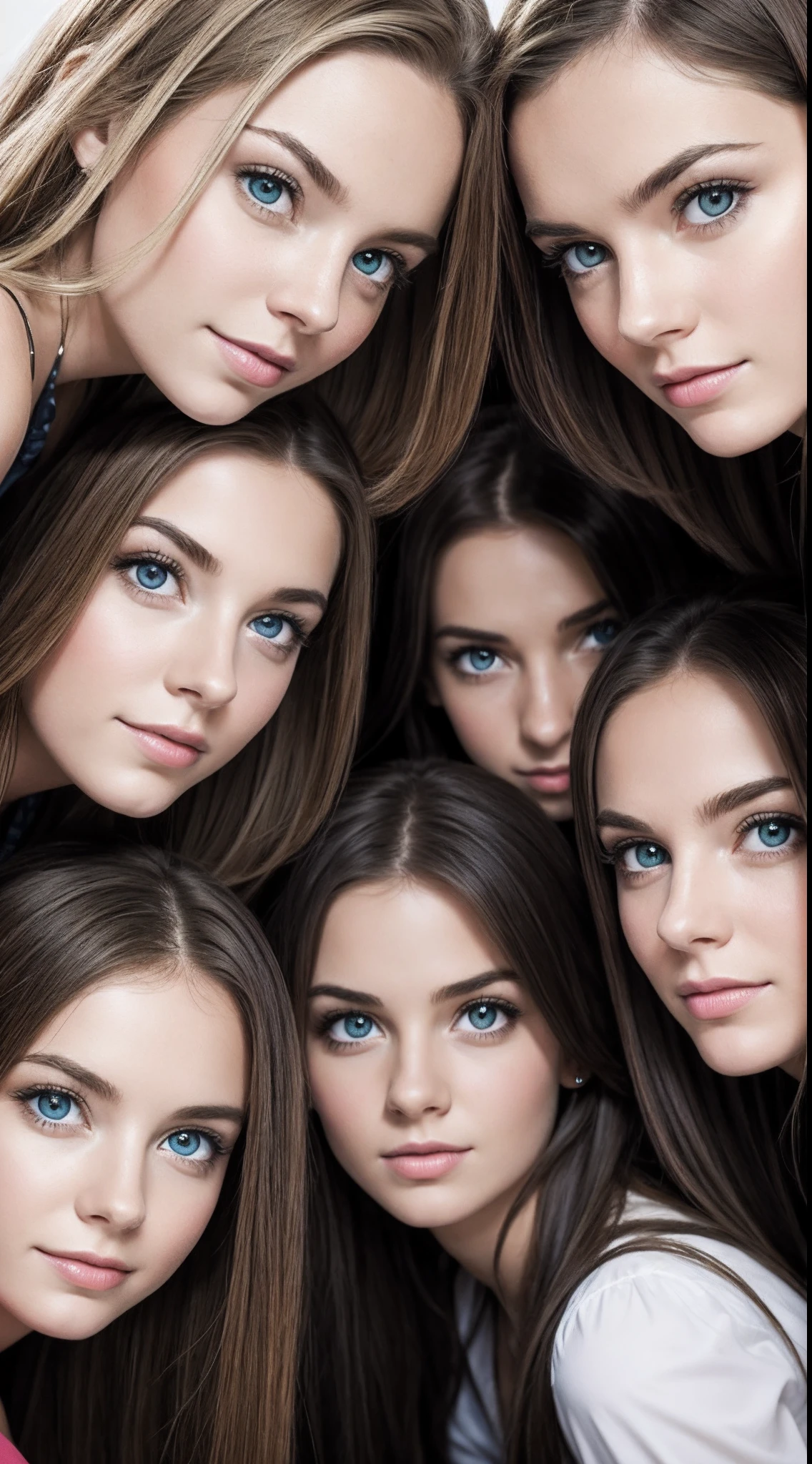 professional group portrait photo of 7 real european young woman locking mischievous at viewer, faces ,