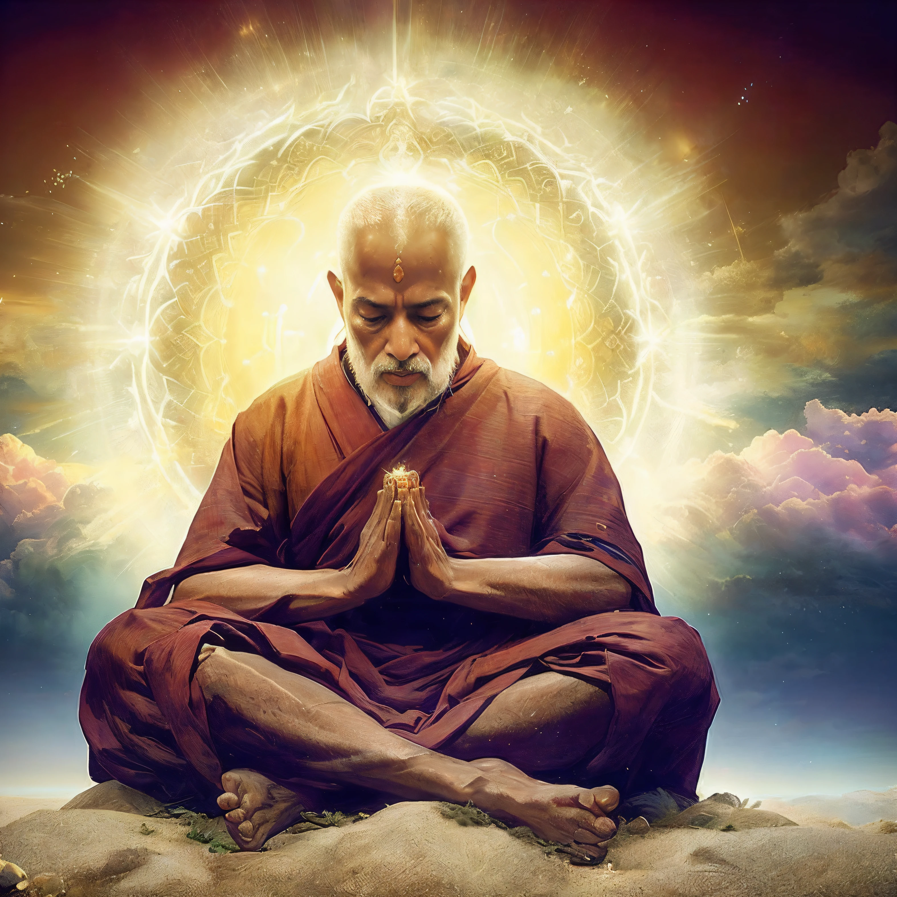 Arafed image of a man sitting in a meditation position, spiritual lighting, monge meditar, holy man looking down at the ground, hindu stages of meditation, sua mente contemplando a eternidade, 2 1 st century monk, Pray in meditation, wise old indian guru, Zen Meditation, Monge budista meditando, on path to enlightenment, Uplighting, iluminado, spiritual evolution
