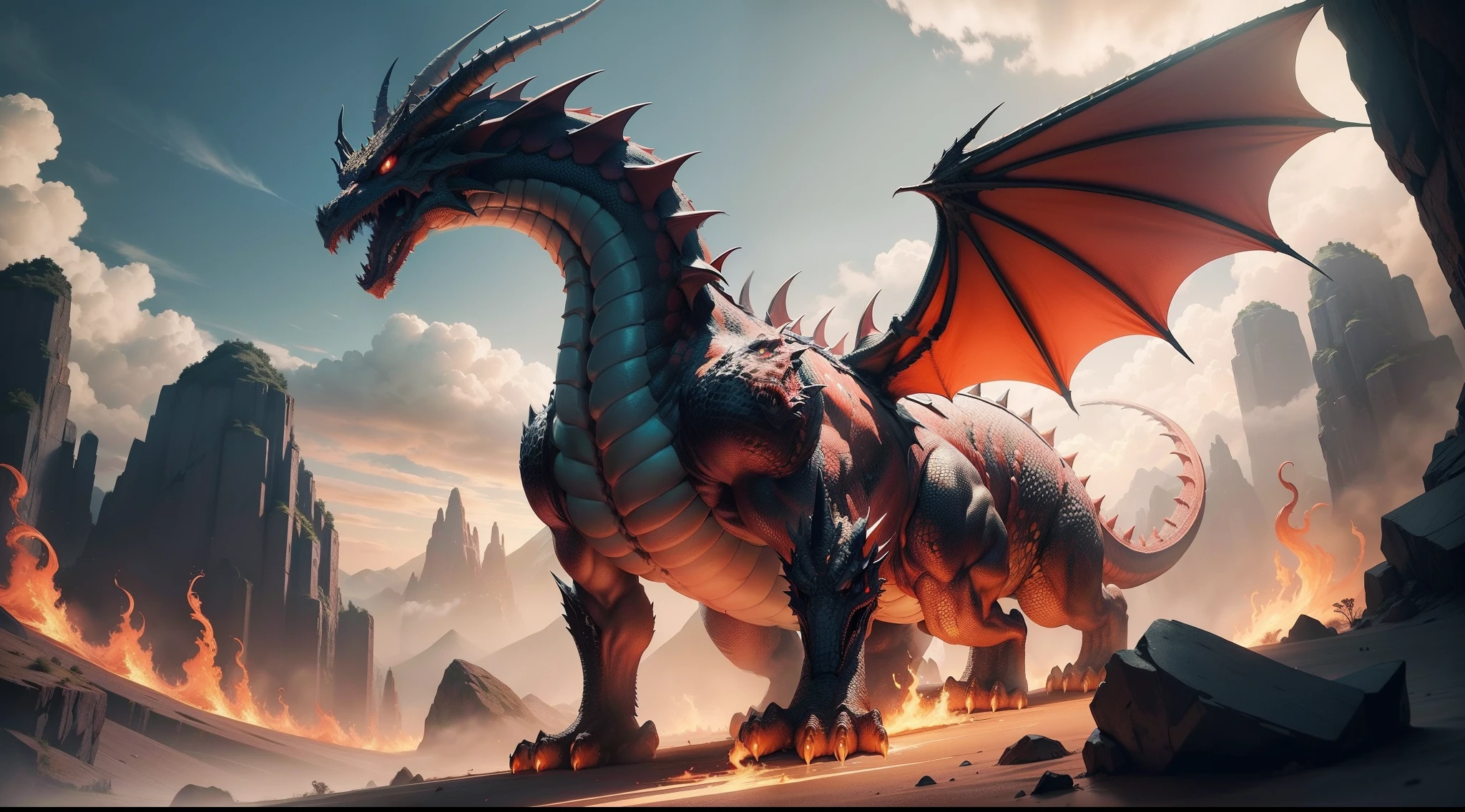 red dragon with yellow spikes and sharp sharp claws, colossal dragon in the background, colossal dragon as a background, dragon in the dragon's lair, Drachenlord, giant dragon resting in a cave, Trending in PolyCount, fire dragon, carved draconian features, dragon portrait cyborg, dragon rider, ''fire breathing dragon, fire breathing dragon, sky slifer Dragon, a hyper realistic two-headed dragon there is a dragon with a fire on its back, fire dragon, flaming fire dragon serpent, fire breathing dragon, ''fire breathing dragon, epic dragon, draconian, fire breathing dragon, fire demon, colossal dragon as background, The Devil in Hell as a Dragon, Legendary Dragon, Fire Breathing Dragon, Red Dragon, Dragon in the Dragon's Lair