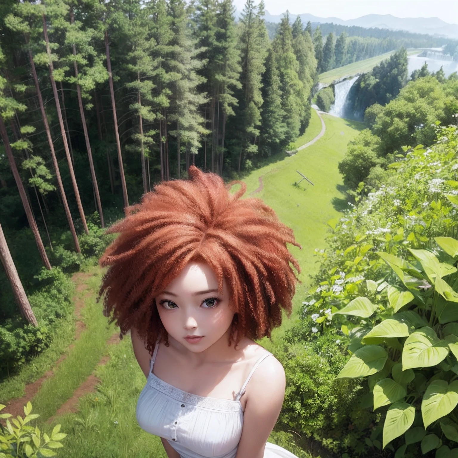 Angle from above、1girll、Girl Standing In Forest Bushes、Country fashion、Redhead afro hair、A detailed face、Fantasy world