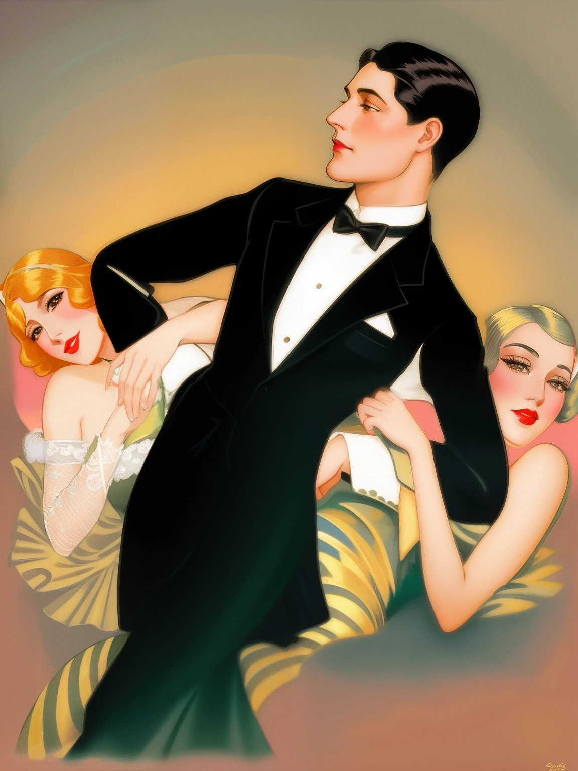 There's a man in a tuxedo and a woman in a dress, Enoque Bolles, Otto Schmidt, art deco illustration, Estilo Leyendecker, Art Deco dos anos 1920, Era do Jazz, Cartaz Art Deco, Directed by: Gerda Wegener, 1 9 2 0 s publicidade, 1 9 2 0 s ator de cinema, inspirado em Gerda Wegener, fundo rosa