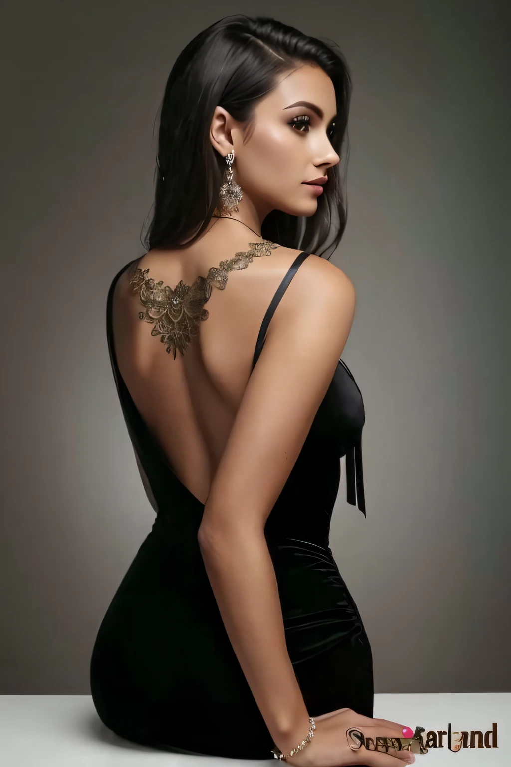 uma mulher em um vestido preto com uma tatuagem nas costas, mulher elegante sexy jovem, usando um vestido elegante, modelo de moda elegante, mulher bonita em um vestido preto, modelo com corpo atraente, pose de perfil elegante, pose de perfil elegante, uma mulher elegante no vestido preto, modelo feminino bonito, elegante posou, she is wearing a black dress, pose elegante e deslumbrante, back pose