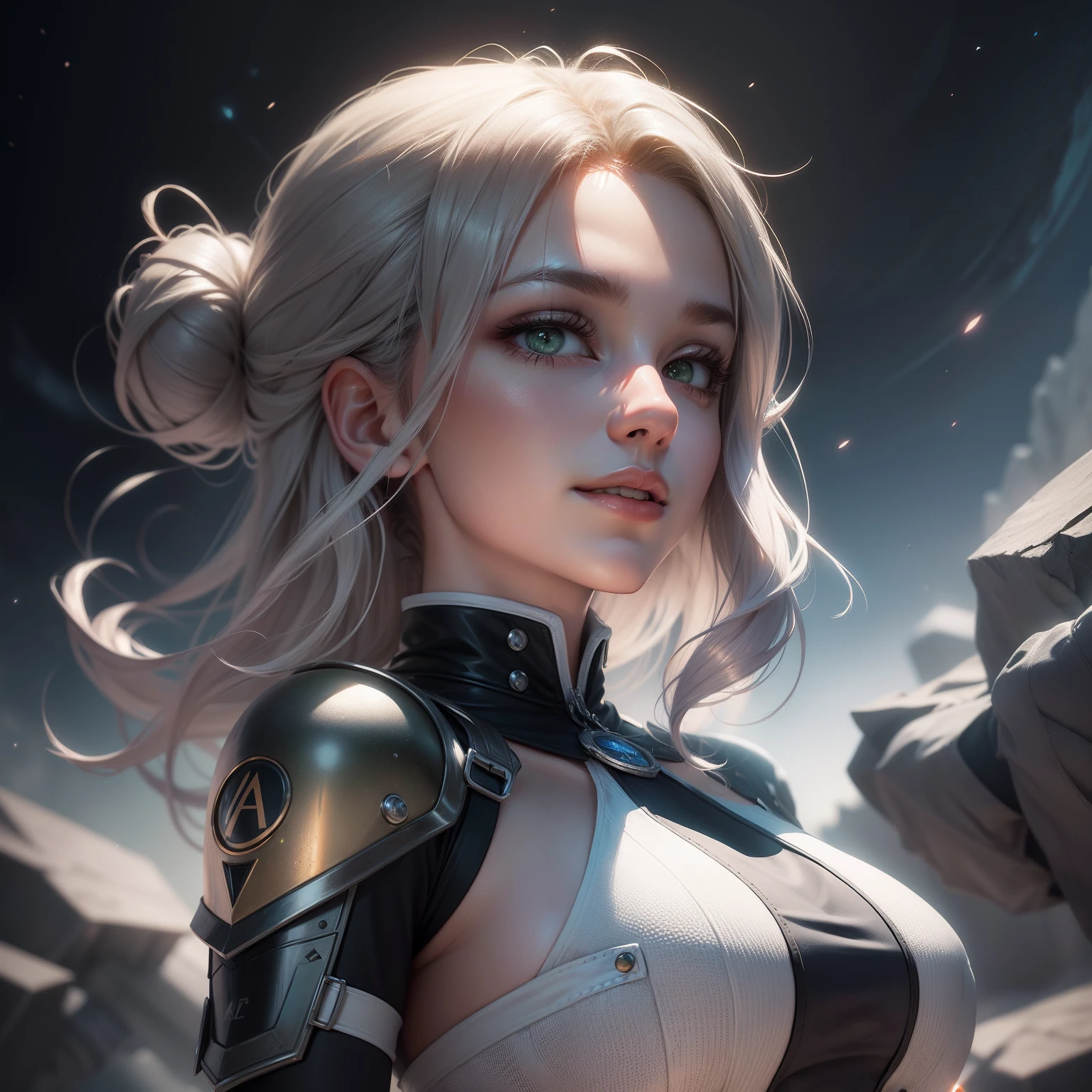 1girl, sozinho, master part, altamente detalhado, detalhes intrincados, high resolution, nuvem, heaven, Outside, nu, diafragma, medium breasts, (coxas grossas:1.2), (cabelos brancos brilhantes:1.3), medium hair, cabelos ondulados, Rosto detalhado, Olhos detalhados, (olhos brancos:1.3), cabelo feito de nuvens, nuvens e mistura de cabelos, on water, bandeira de HORDA sobre seios e genitais, de baixo, Sparks, particuls, (capacete de astronauta), Estrelas, Queimando naves estelares, Star Fighter falling from the sky