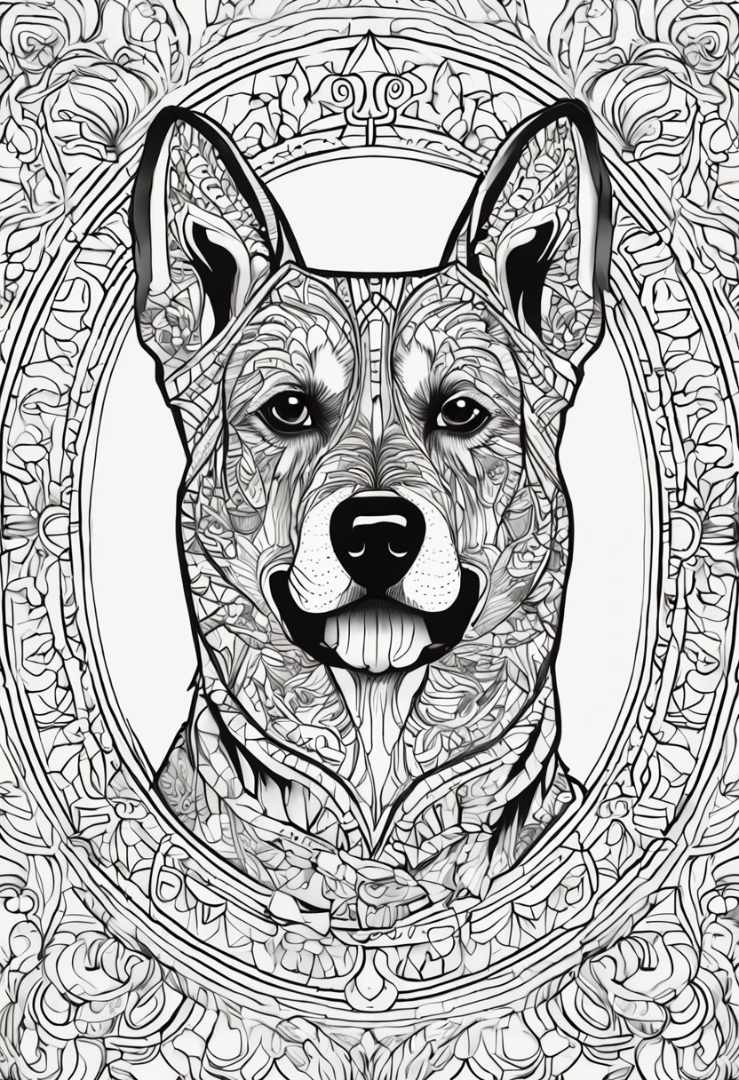 Coloring page for adults, linhas em negrito, linhas escuras, corpo de mandala, corpo de cachorrinho, dog face mandala german shepherd, cara de mandala, symmetr, fundo, arte de linha limpa, arte de linha fina, 512x 768 resolution
