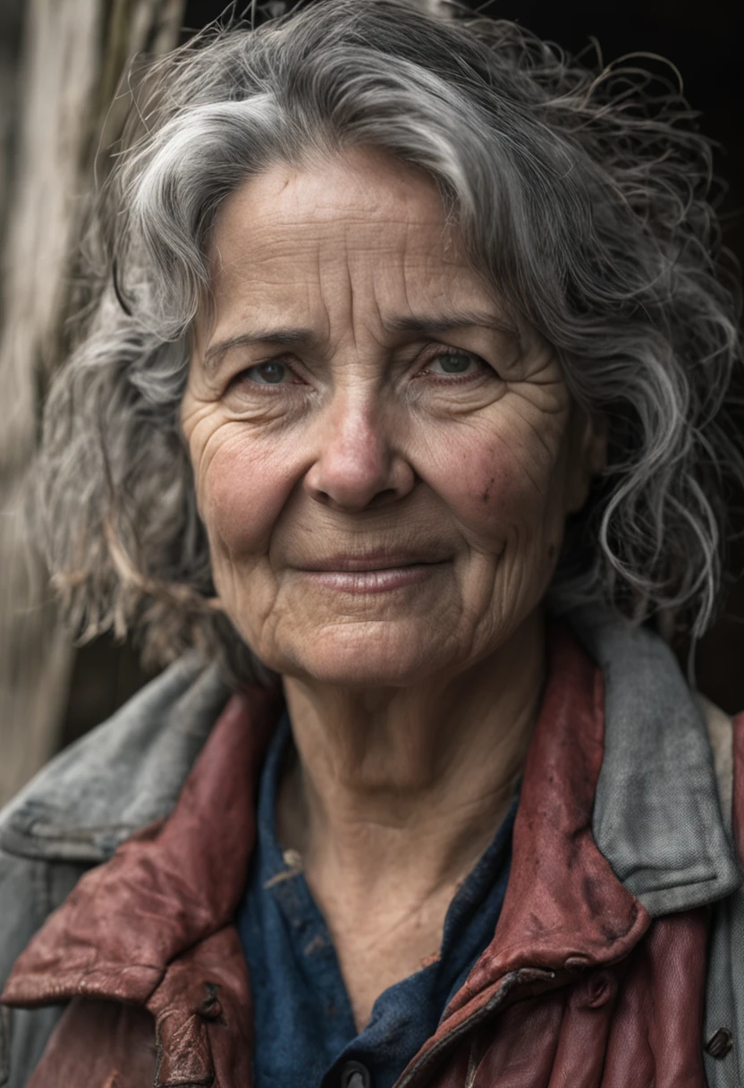 A middle-aged woman with gray hair and a tired look. She wears simple and worn-out clothes, with a tattered jacket and a battered bag. Her eyes hold a deep sadness, but she maintains a friendly smile on her face.