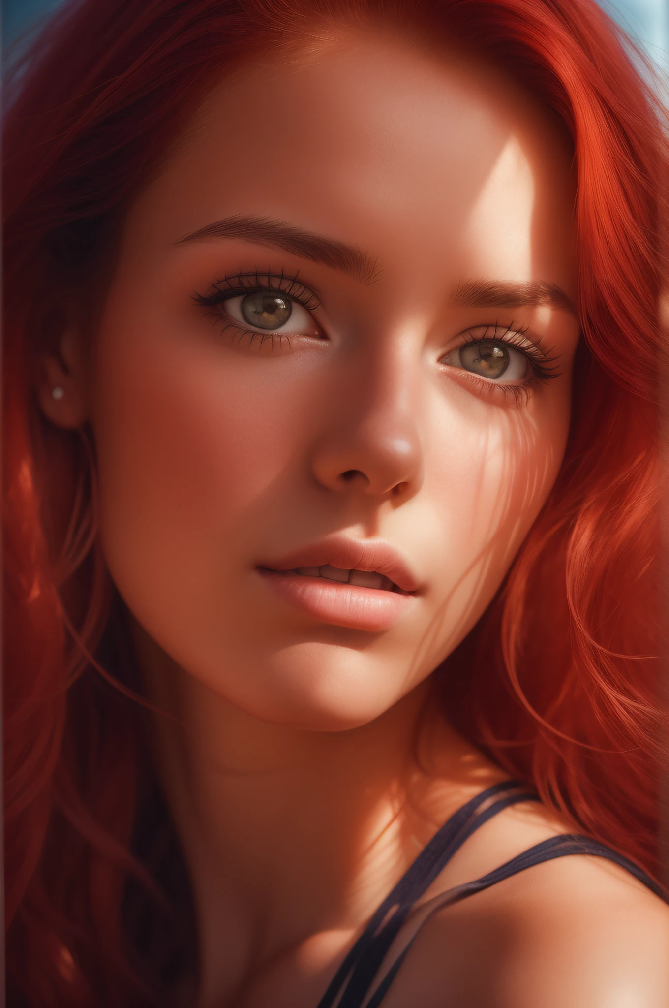 Female, 22 years old, 1girl in, cleavage, red-haired, stunning intricate full-color portrait, Sharp Focus, Natural lighting, Subsurface scattering, F2, 35 mm, Film grain, BTPT-FC,