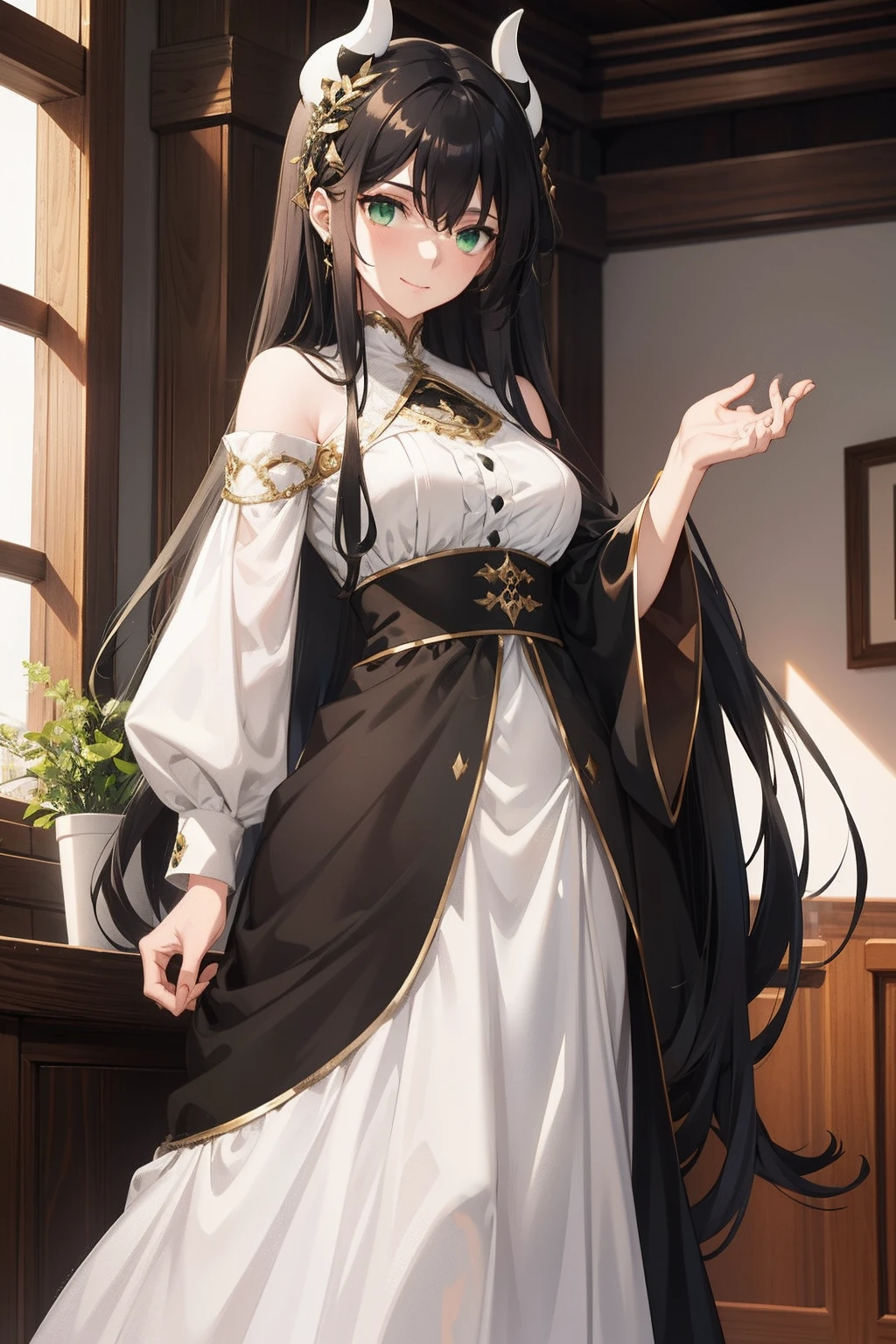 a girl with black long hair green eyes and white horns wearing a black long dress with flowing hair and smiling