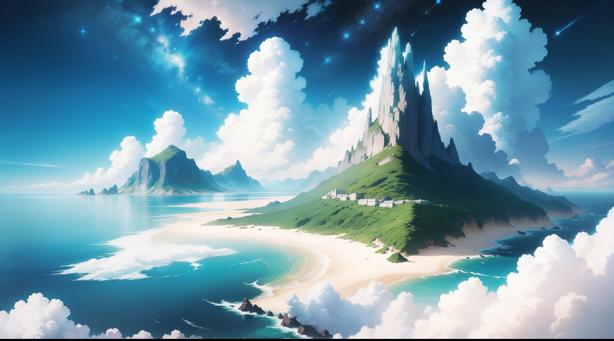 no human figures、Landscape only、Strong midday sunshine、shimmer、Painting of the sky with clouds and stars, Cosmos Sky. by Hayao Miyazaki, Anime Sky, Blue Sea., Anime Cloud, Ghibli style, by Ross Tran. scenery background, in style of hayao miyazaki, 8k、Top image quality, Master Quality、beautifull puffy clouds.