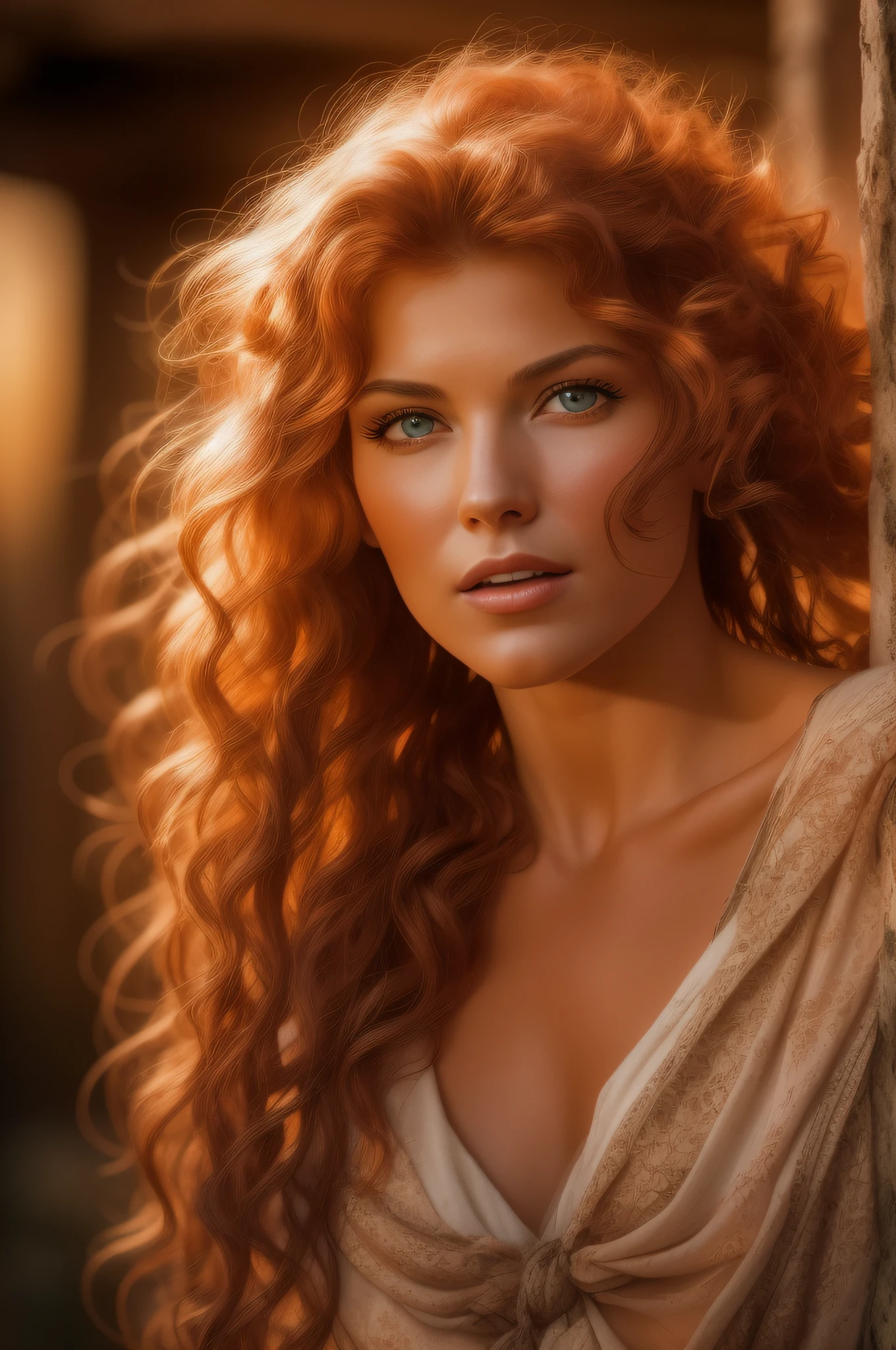 Masterpiece, a beautiful red-haired Amazon woman, ((Marilyn Monroe: Michelle Pfeiffer:0.5)), Dressed with a small short loincloth, (medium breasts), (perfect body), (Red matted hair), (long curly hairstyle), outside, (skin texture:1.1), best quality, ultra-high res, Raw photo, Nikon D850, backlight, rim light, bright sunlight, film grain:1.2, (warm hue, warm tone:1.2), (color photo), fantasy Viking village background