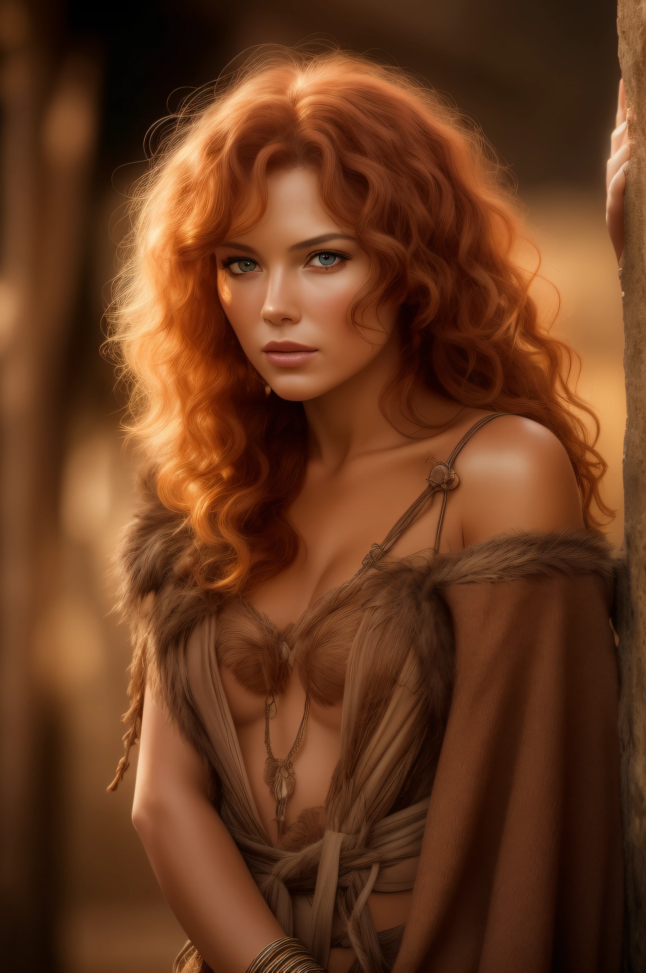 Masterpiece, a beautiful red-haired Amazon woman, ((Marilyn Monroe: Michelle Pfeiffer:0.5)), Dressed with a small short loincloth, (medium breasts), (perfect body), (Red matted hair), (long curly hairstyle), outside, (skin texture:1.1), best quality, ultra-high res, Raw photo, Nikon D850, backlight, rim light, bright sunlight, film grain:1.2, (warm hue, warm tone:1.2), (color photo), fantasy Viking village background