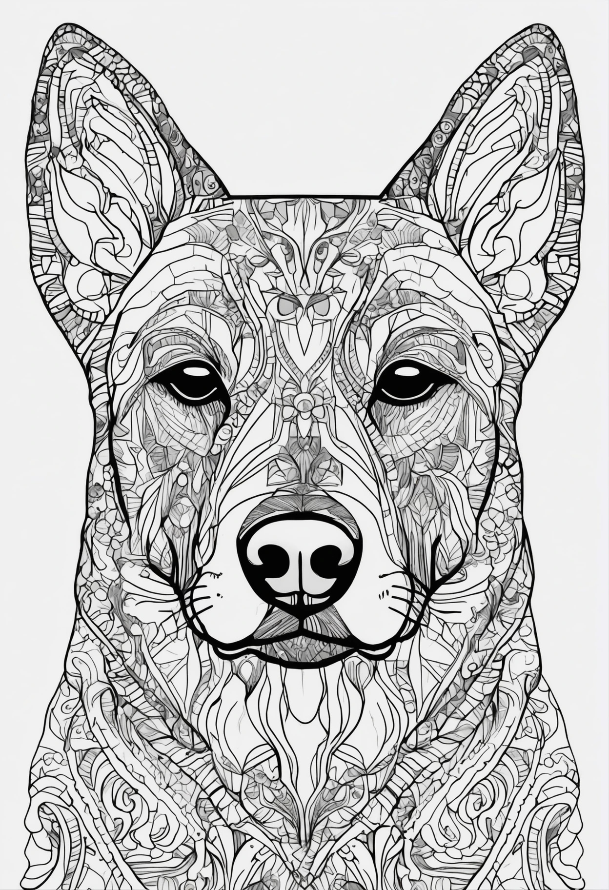 Coloring page for adults, linhas em negrito, linhas escuras, corpo de mandala, corpo de cachorrinho, dog face mandala german shepherd, cara de mandala, symmetr, fundo, arte de linha limpa, arte de linha fina, 512x 768 resolution
