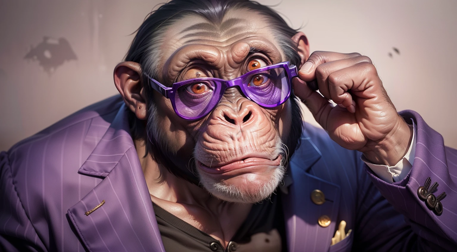 Chimpanzee with a very frightened expression, bringing his hands to his mouth and wearing a purple suit and purple sunglasses
