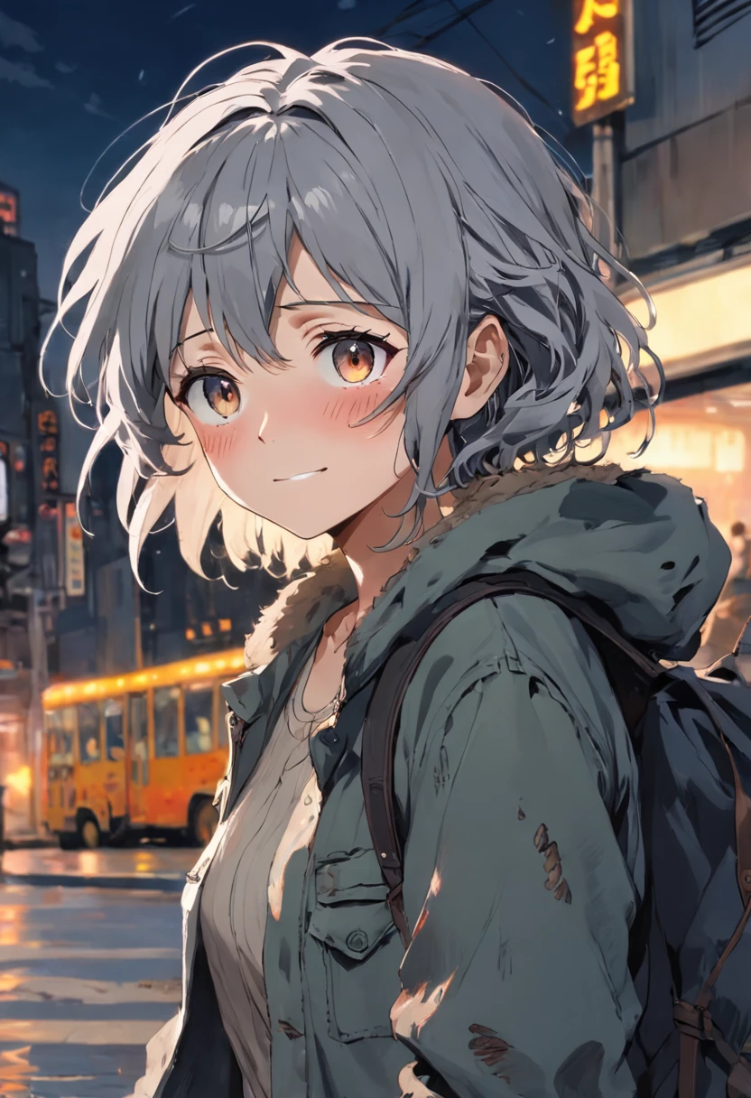 A middle-aged woman with gray hair and a tired look. She wears simple and worn-out clothes, with a tattered jacket and a battered bag. Her eyes hold a deep sadness, but she maintains a friendly smile on her face.