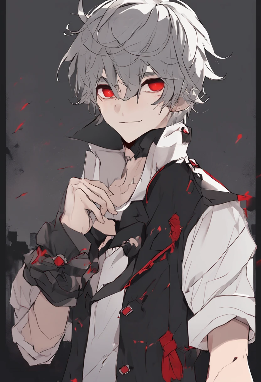 shy anime boy, vampire, grey hair, red eyes, short, kind face, visible fangs, pointed ears, black shorts, lace up boots