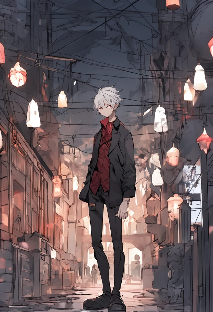 shy anime boy, vampire, grey hair, red eyes, short, kind face, visible fangs, pointed ears, black shorts, lace up boots
