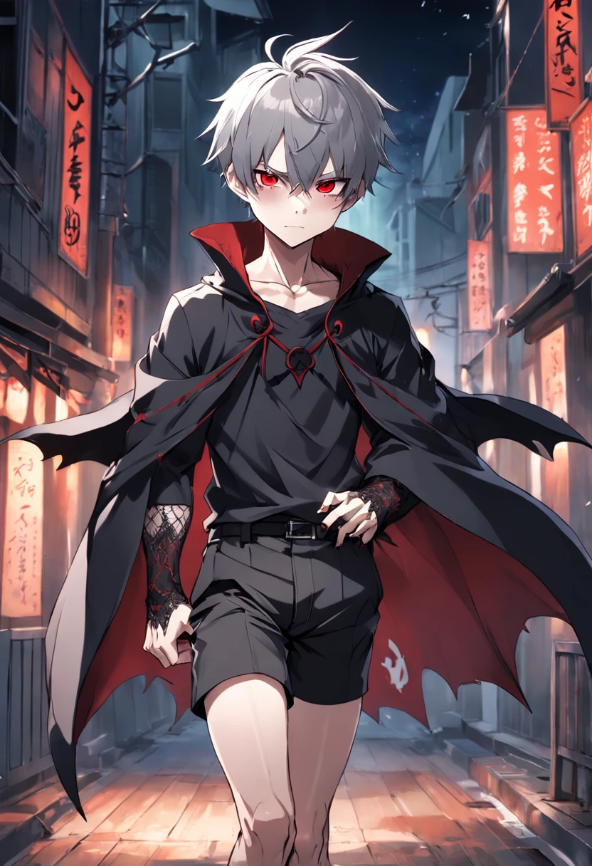 shy anime boy, vampire, grey hair, red eyes, short, kind face, visible fangs, pointed ears, black shorts, lace up boots, original character reference sheet