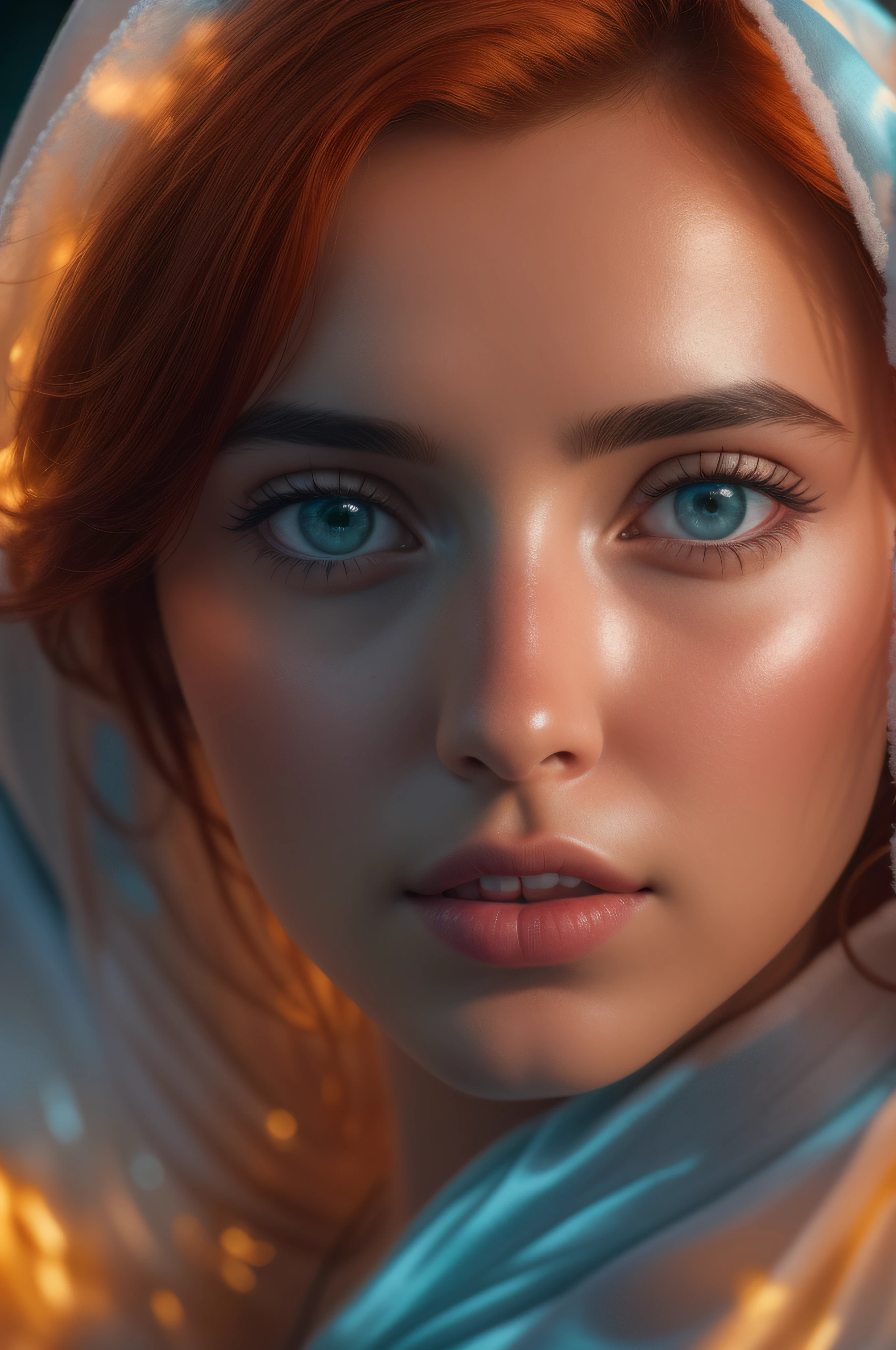 Young Ana de Armas, Photorealistic, fire-red-haired, hyper-realistic, hyper-detailing, analog style, sub-surface Scattering, Realistic, Masterpiece, Best Quality, ultra-realistic, 8K, Dressed in an open transparent ice blue Bathrobe, the golden ratio, Intricate, high detail, soft focus, RAW photo, subject, (high skin detail:1.2), 8K UHD, DSLR, soft-lighting, hi-quality, Film grain, Fujifilm XT3
