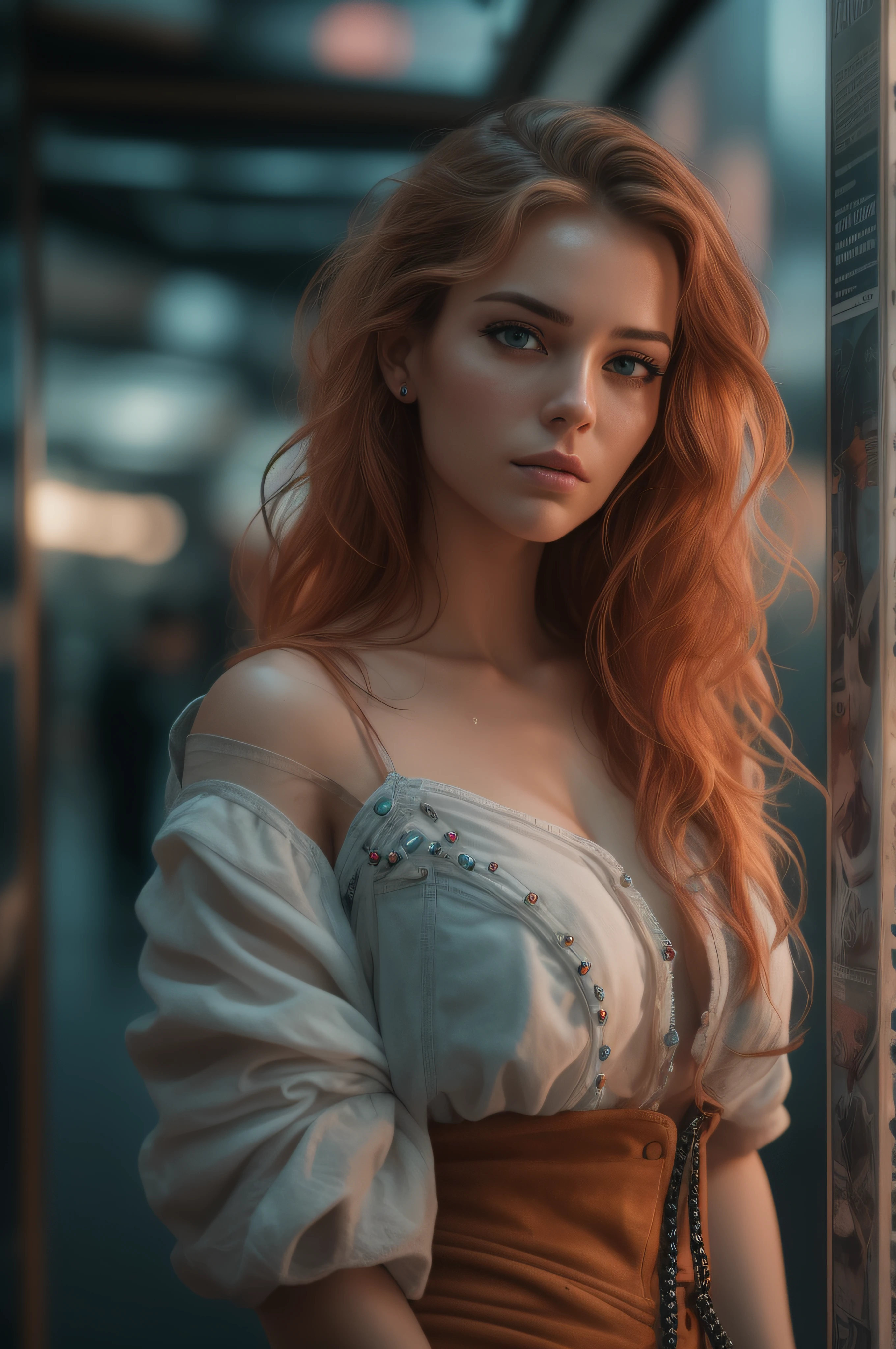 Full face portrait photo of a 25-year-old European girl, RAW, beautiful woman, semi-open strawberry lips, dimples, wistful look, (extra-long wavy red-blond hair), ((detailed face)), ((detailed facial features)), (finely detailed skin), tanned skin, (deep neckline detailed high-tech cyberpunk dress), cyberpunk megacity environment, (cool colors), damp, damp, reflections, (masterpiece) (perfect proportion)(realistic photo)(best quality) (detailed) shot on a Canon EOS R5, 50mm lens, F/2.8, HDR, (8k) (wallpaper) (cinematic lighting) (dramatic lighting) (sharp focus) (intricate), RAW photo, RAW photo, gigachad photo, posing for camera, black jeans, back arms, 8k uhd, dslr, high quality, grain film, Fujifilm XT3, film stock photography 4 kodak portra 400 camera f1.6 lens rich colors hyper realistic texture dramatic lighting unrealengine trend in artstation cinestill 800 tungsten, toughboy style, ultra focus face, intimidating, in fighting position, short messy hair, muscular, bursting veins, beaded