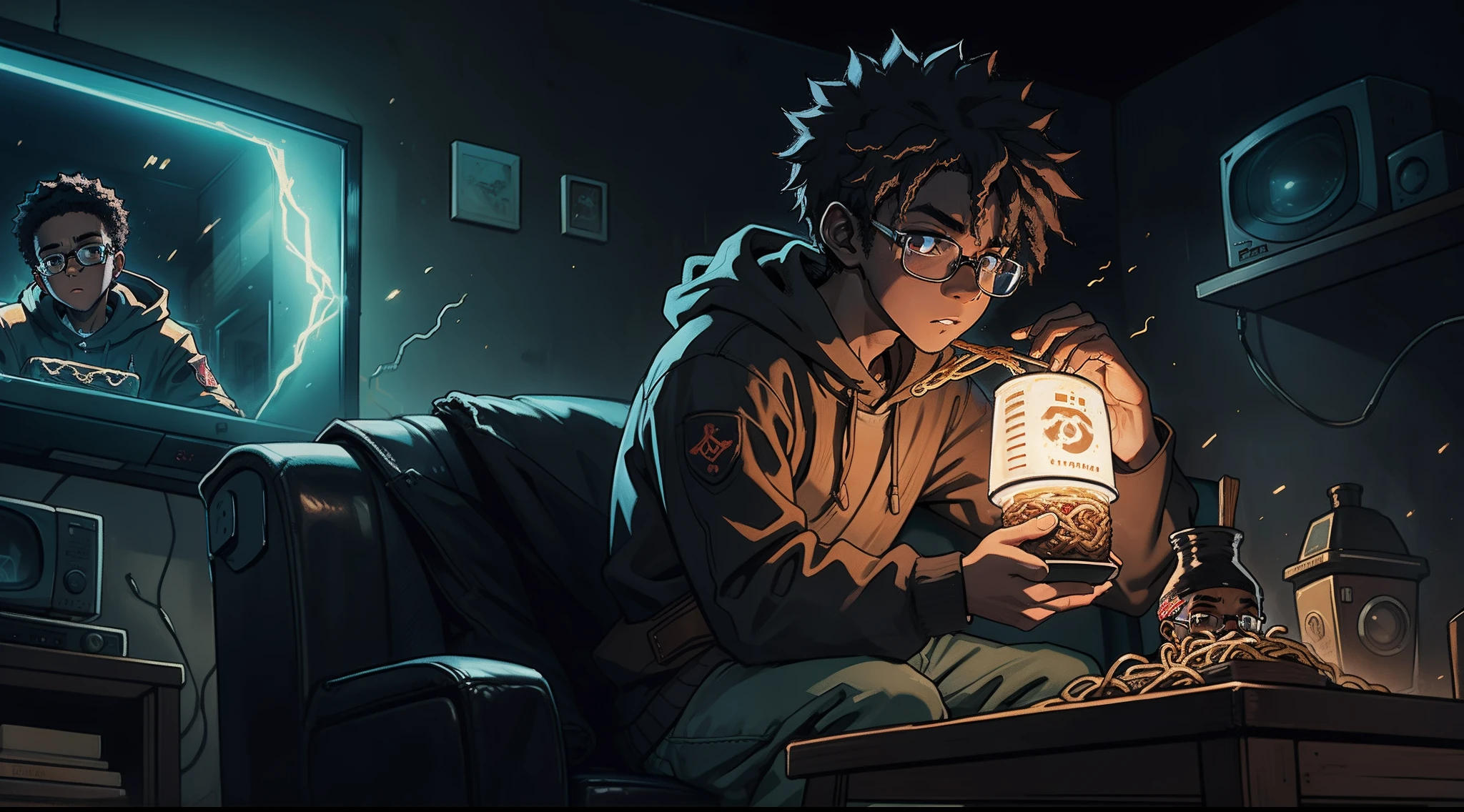 Black boy sitting on a couch, wearing square-shaped glasses, eating ramen, Dark environment only with the lighting of a television, luz roxa.