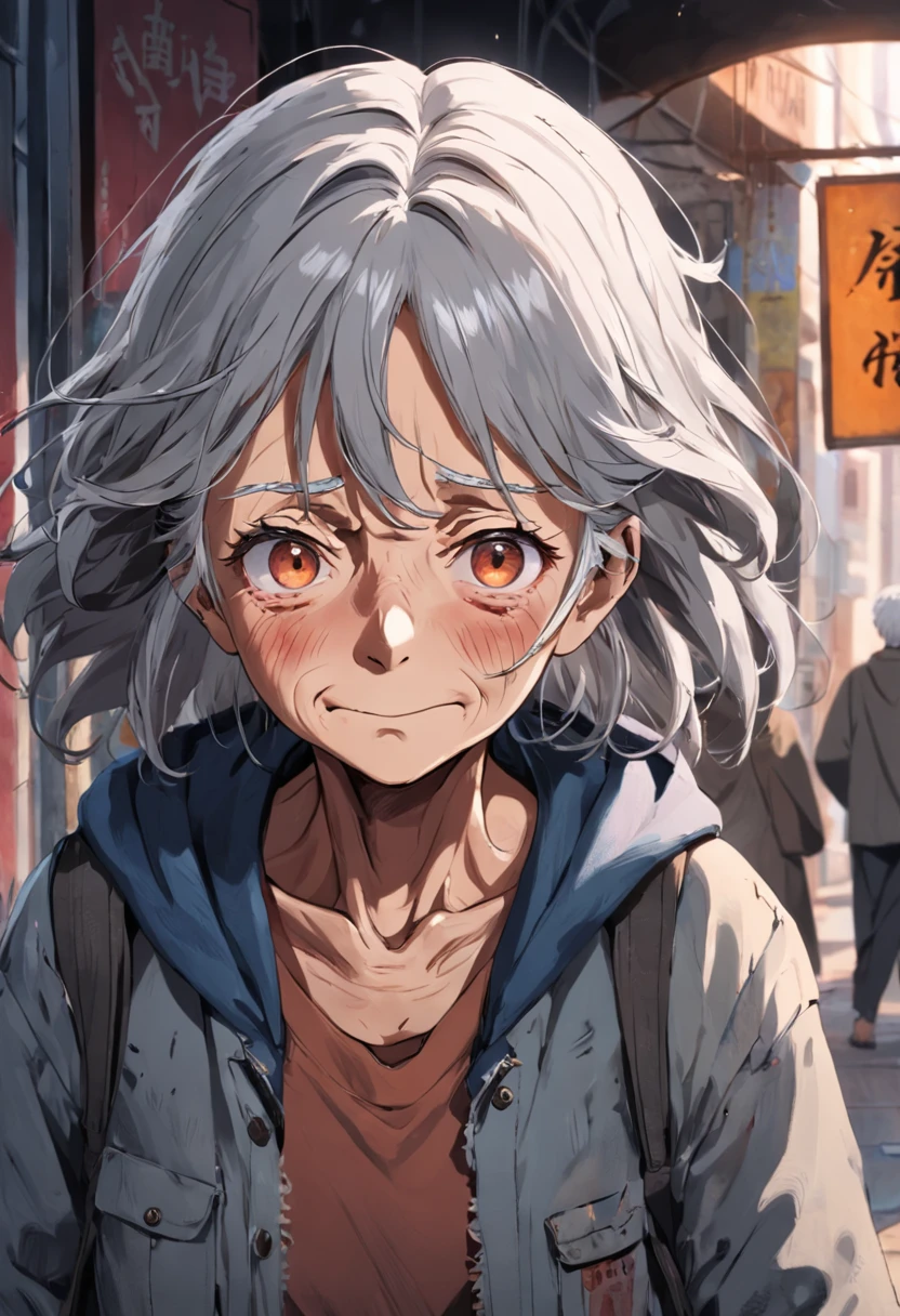 A old woman with gray hair and a tired look. She wears simple and worn-out clothes, with a tattered jacket and a battered bag. Her eyes hold a deep sadness, but she maintains a friendly smile on her face.