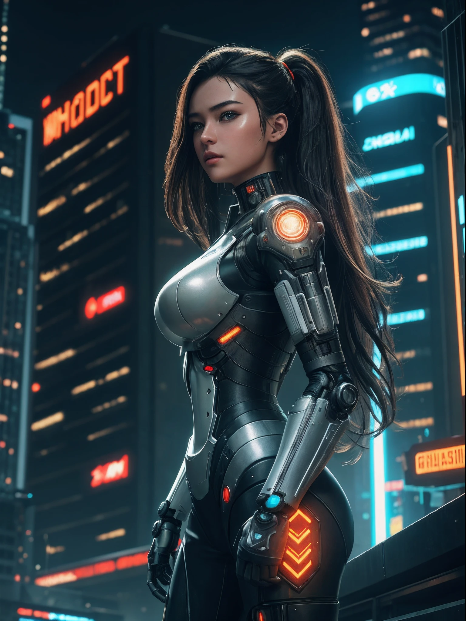 1girl, a beautiful girl cyborg cyberpunk with a futuristic city tall buildings, white and orange machine color combination, the body full of robot machine, have a hologram sytem, asian skin tone, machine merge with him, realistic machine, sci fi cityscape, manipulation is a masterpiece, long hair, masterpiece, suit of cyberpunk, realistic sci fi building texture mecha aestethic, digital cyberpunk, looming over a city, cyber technology, realistic hair, lots of hair, realistic metal solid texture of building, realistic neon glow, realistic neon sign, wonderful side lighting, realistic futuristic cyberpunk building, realistic girl robot cyberpunk, fog, foogy, masterpiece of detail, RAW IMAGE, Bokeh of depth of field is masterpiece, motion Shoot, natural lighting, masterpiece lighting from side, realistic texture of skin, strong reflection