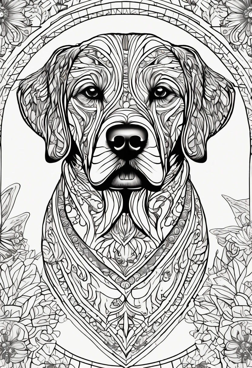 Coloring page for adults, linhas em negrito, linhas escuras, corpo de mandala, corpo de cachorrinho, cara de cachorro mandala Golden Retriever , cara de mandala, symmetr, fundo, arte de linha limpa, arte de linha fina, 512x 768 resolution