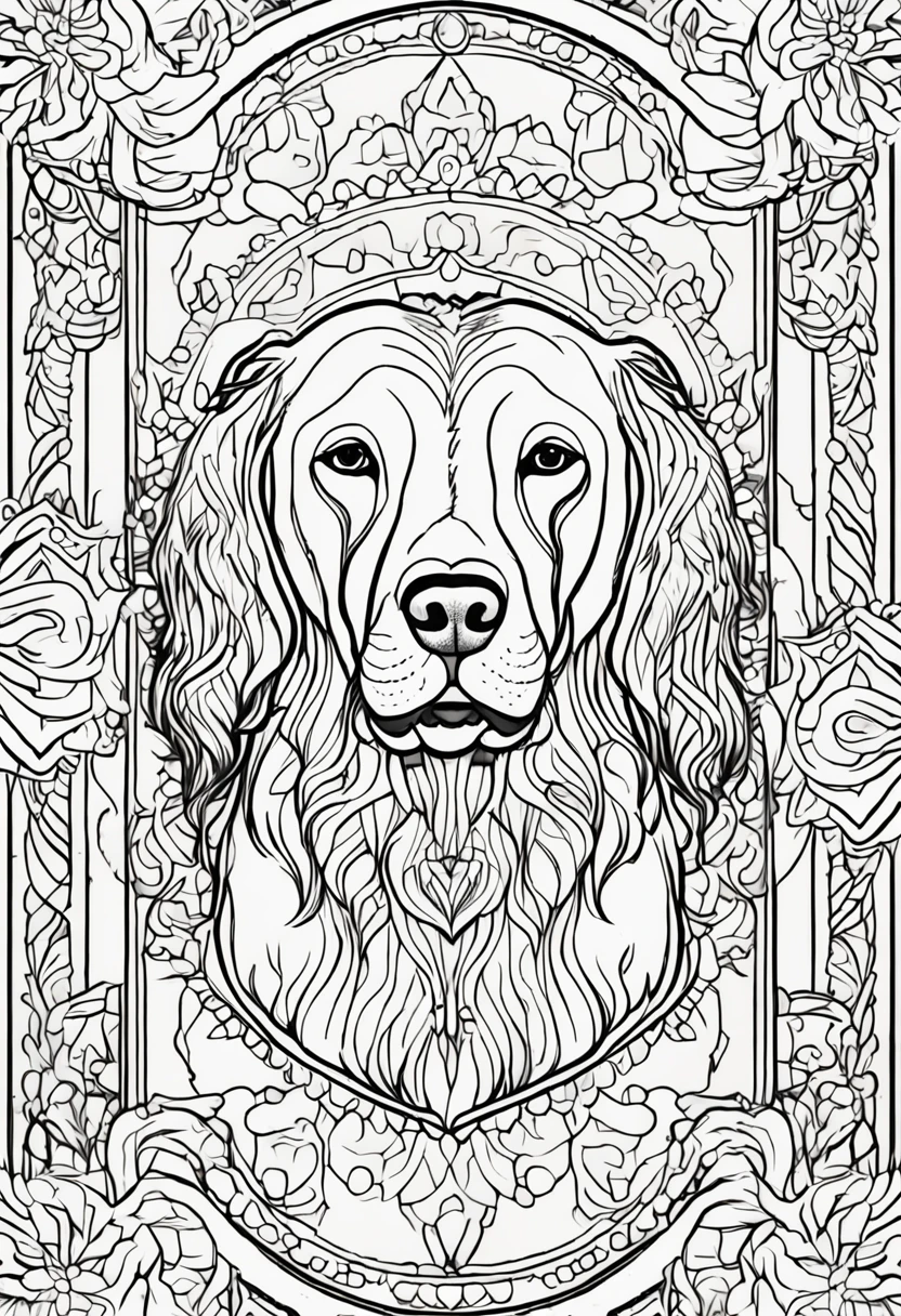 Coloring page for adults, linhas em negrito, linhas escuras, corpo de mandala, corpo de cachorrinho, cara de cachorro mandala Golden Retriever , cara de mandala, symmetr, fundo, arte de linha limpa, arte de linha fina, 512x 768 resolution