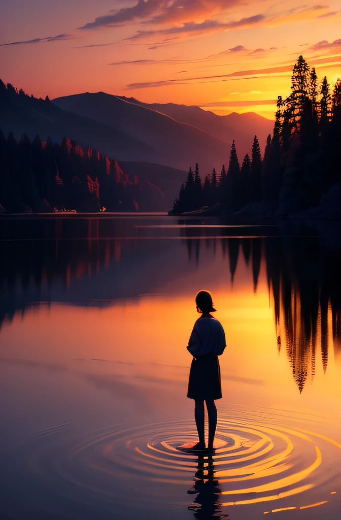 "a majestic sunset over a serene lake, reflecting the vibrant colors of the sky and creating a breathtaking scenery. A lone figure standing at the edge of the water, surrounded by the peaceful ambiance of nature. The soft golden light gently illuminating their silhouette, evoking a sense of tranquility and introspection.+"