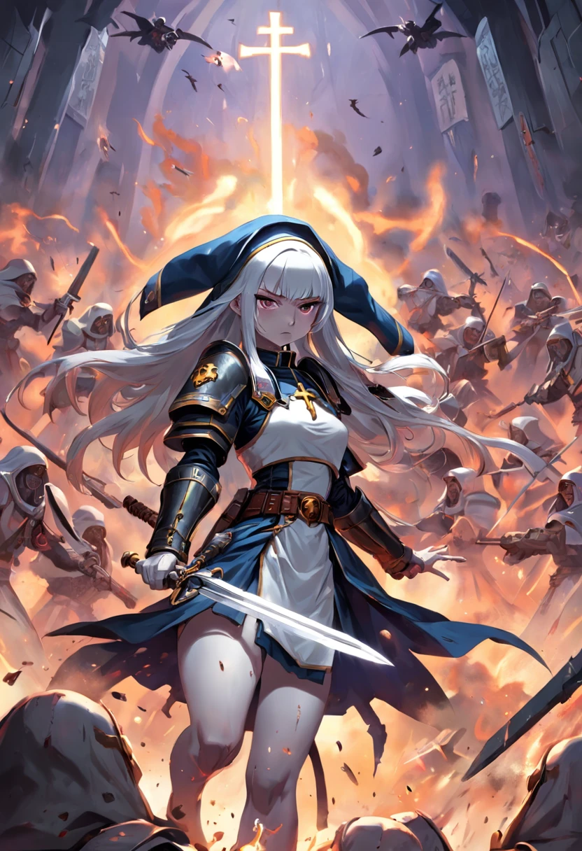 The battle nun of Warhammer 40000 is in battle with a weapon，illustration，Cover of a