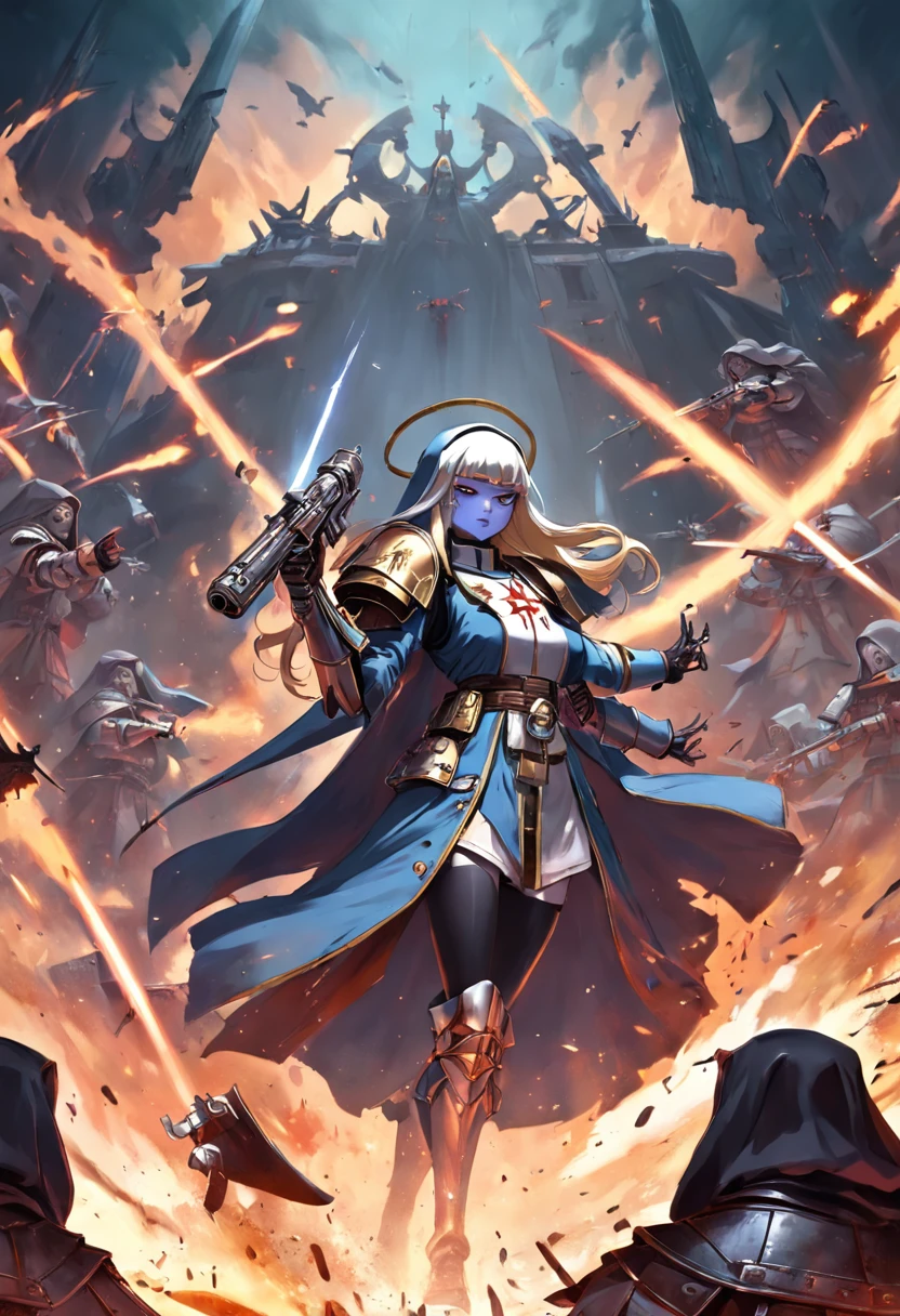 The battle nun of Warhammer 40000 is in battle with a weapon,illustration,Cover of a