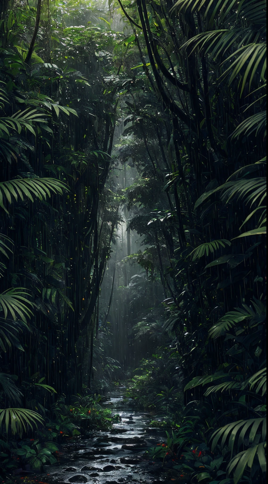 A jungle, with intense rainfall, monochromatic, vines all around, giant and wet trees, masterpiece, best quality, high quality, extremely detailed CG unity 8k wallpaper, oil paiting, award winning photography, Bokeh, Depth of Field, HDR, bloom, Chromatic Aberration ,Photorealistic,extremely detailed, trending on artstation, trending on CGsociety, Intricate, High Detail, dramatic, art by midjourney, volumetric lighting