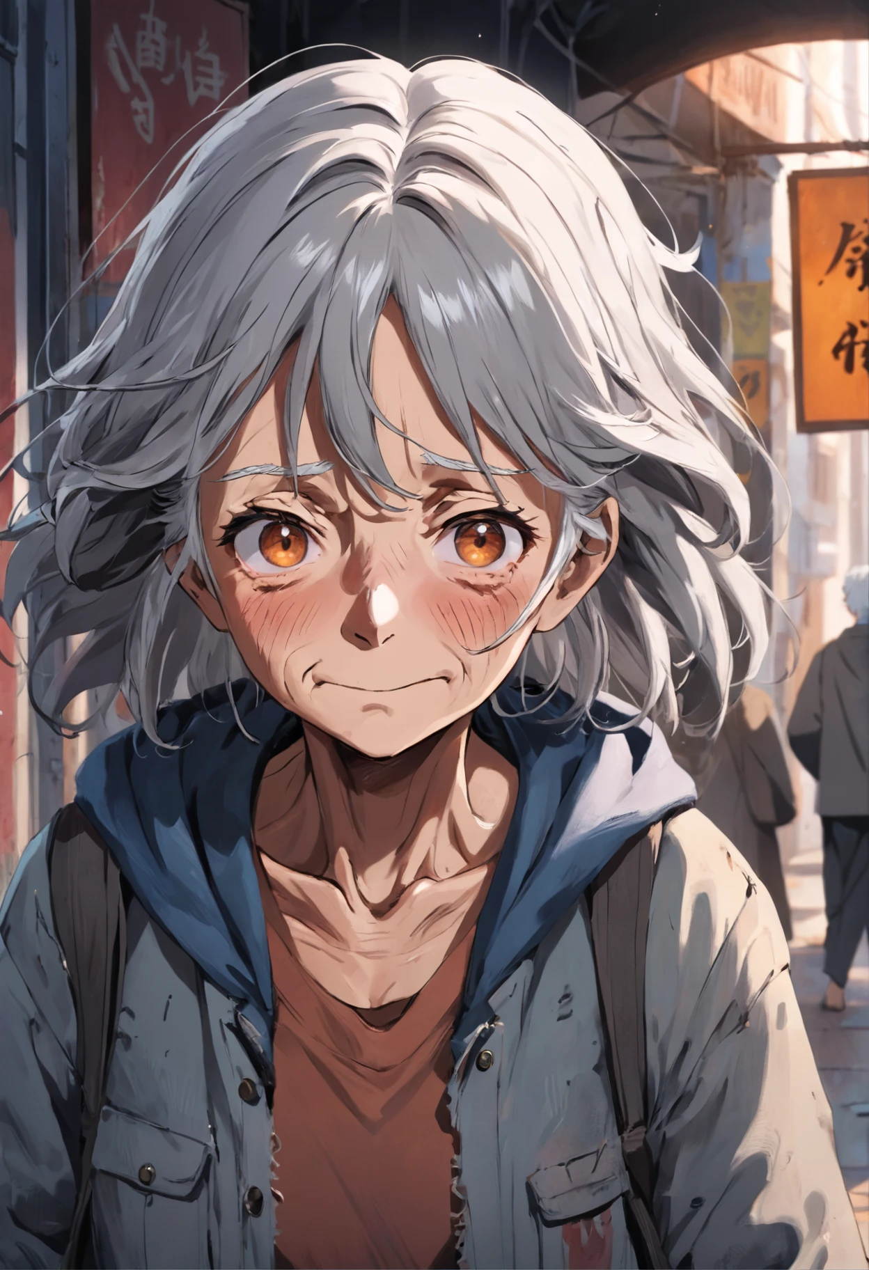 A old woman with gray hair and a tired look. She wears simple and worn-out clothes, with a tattered jacket and a battered bag. Her eyes hold a deep sadness, but she maintains a friendly smile on her face.