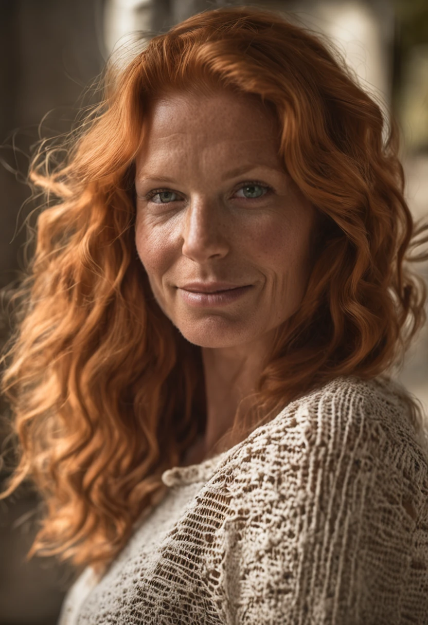 Capture the natural beauty of a 30ish age woman with striking strawberry blonde hair, deep green eyes, and a sprinkle of freckles. Use a 50mm lens to create an intimate portrait that highlights her unique features and personality. Focus on the warmth and authenticity of the moment, bringing out the richness of her hair and the depth of her gaze. Let the soft, natural light enhance the details and create a timeless, genuine image