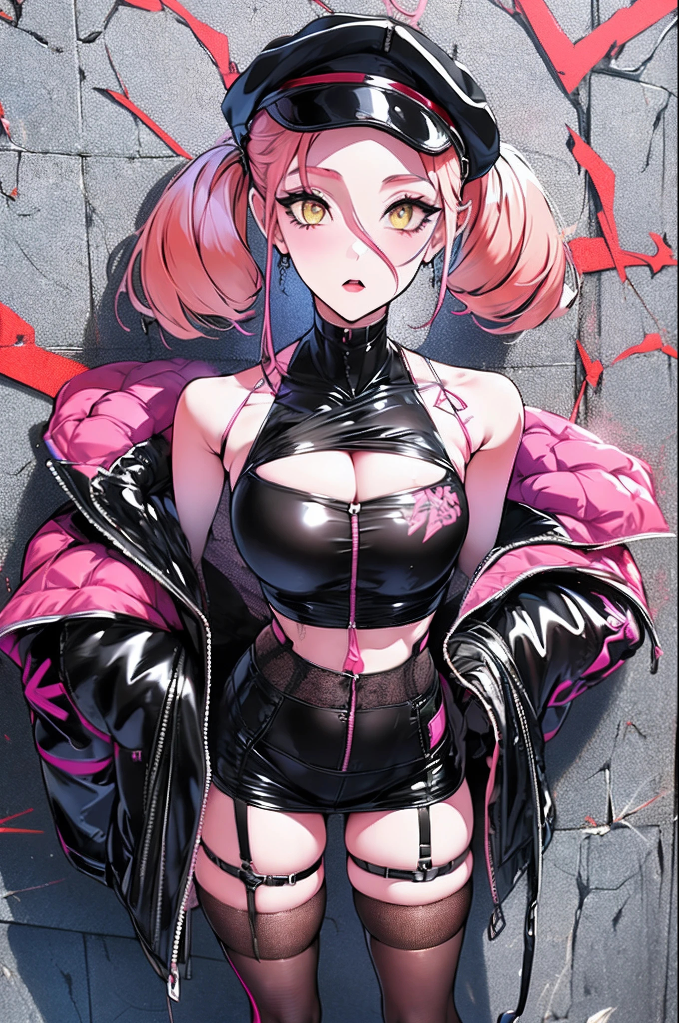 1 girl, solo, wallpaper, ultra detailed modern gothic clothes, crop top, twintails, knee-high socks, short hair, forehead exposed, pink hair, yellow eyes, ultra detailed wall in background, neon graffiti on wall, wearing a beret, large breasts, cleavage, V-neck