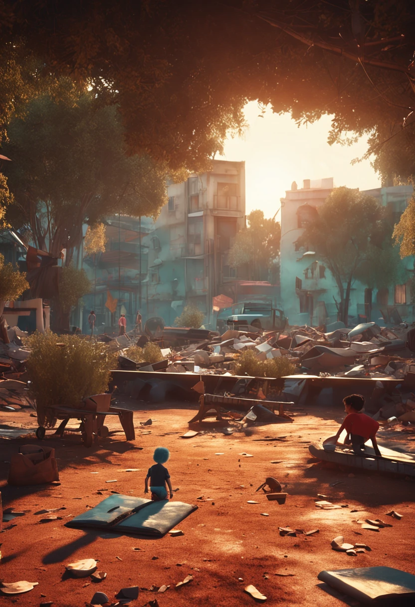 Imagine a child playing in a destroyed park