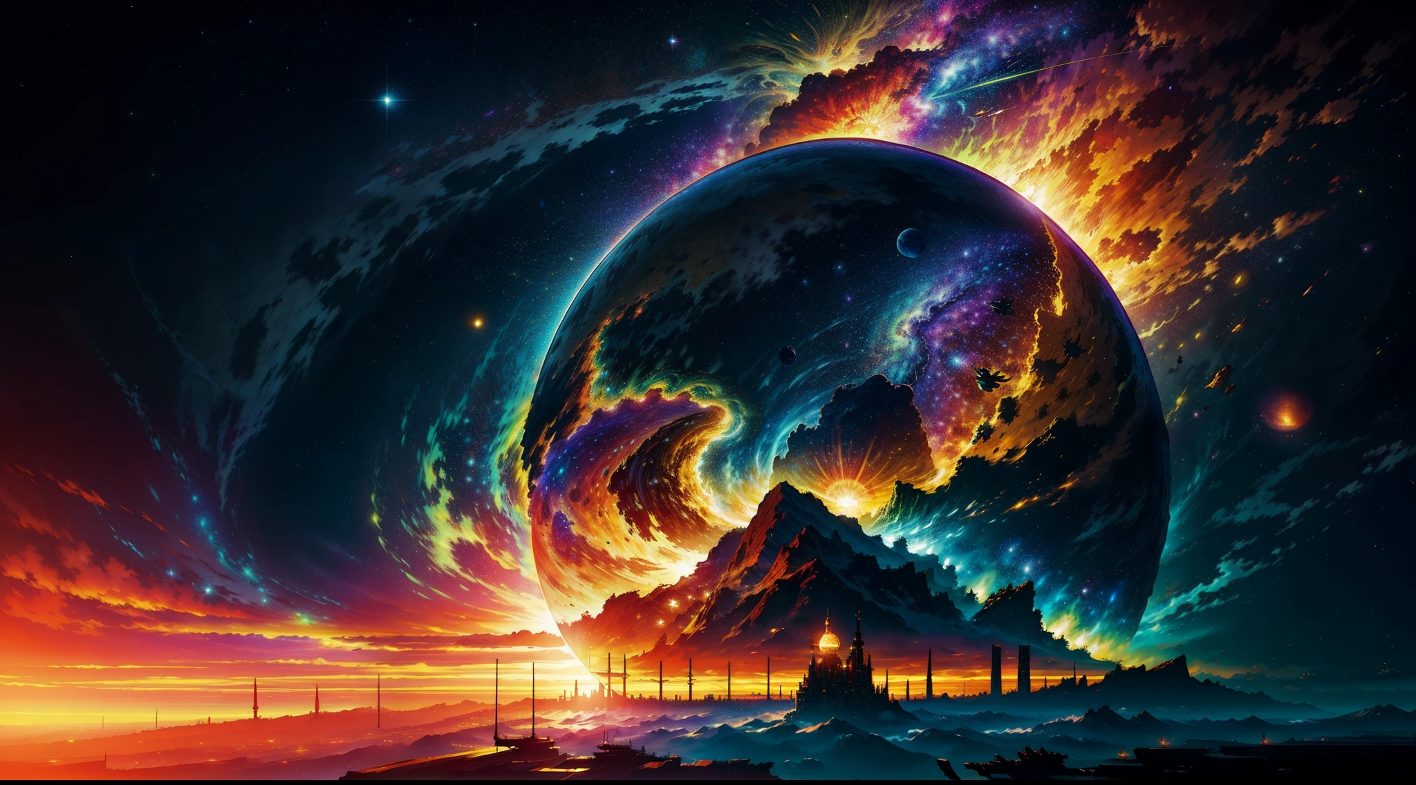 A colorful view on the galaxy with the sun, in the style of surrealistic juxtapositions, intricate landscapes, gravity-defying landscapes