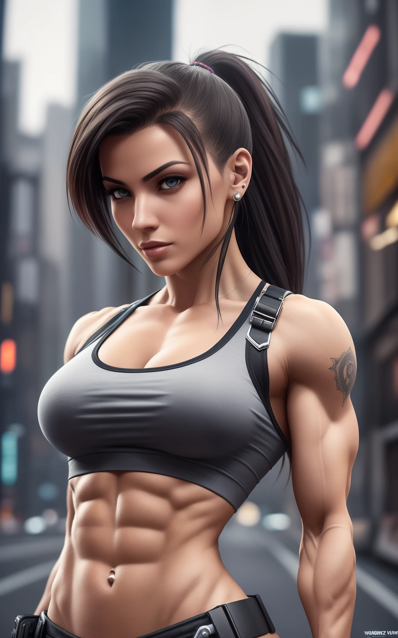 (sharp focus:1.2), , attractive young woman, (beautiful face:1.1), fine eyes, luscious lips, (smoky eye makeup:0.85), (big and full breasts:1.5), (Moving body:1.5), Arafe female solo ponytail height model、pale yellow training weave fingers、thin and long legs,、long pants、redhead、blue eyes、Fitness Body Shape、Pose ready to fight、naughty smile