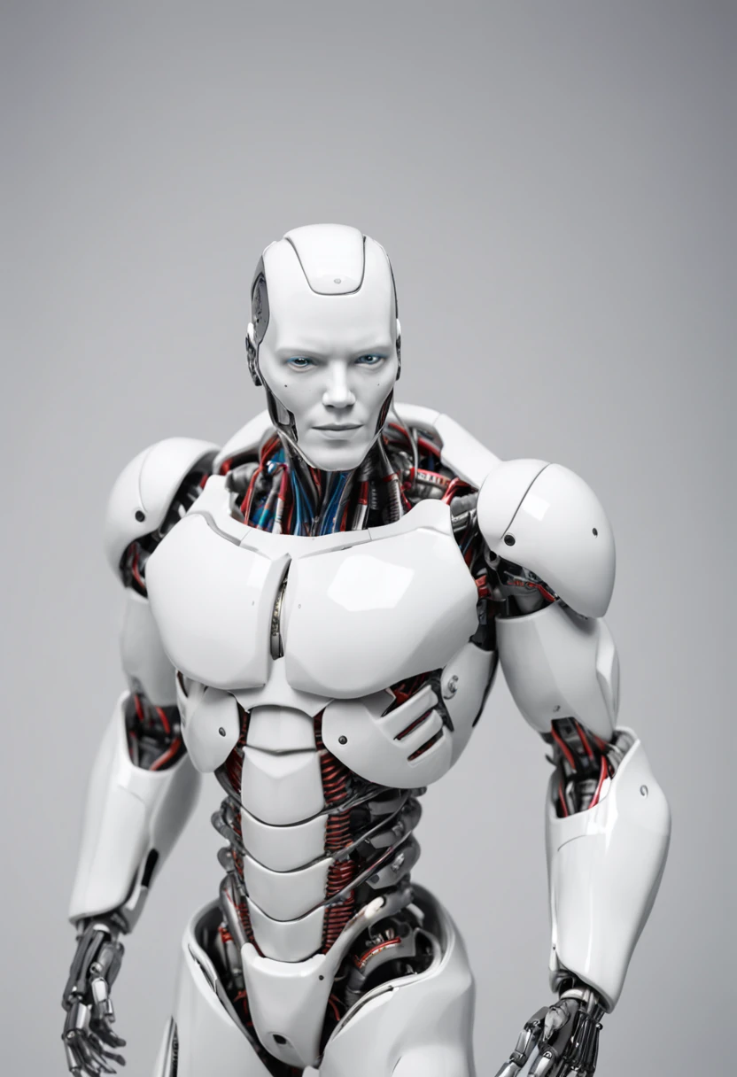 Humanoide Roboter, futuristisch, Technologie, Singularity, Welche, Kampf Roboter, organic physique, White, synthetische Muskeln, artificial skin tissue, masculine, realistisch, 4k, High quality,